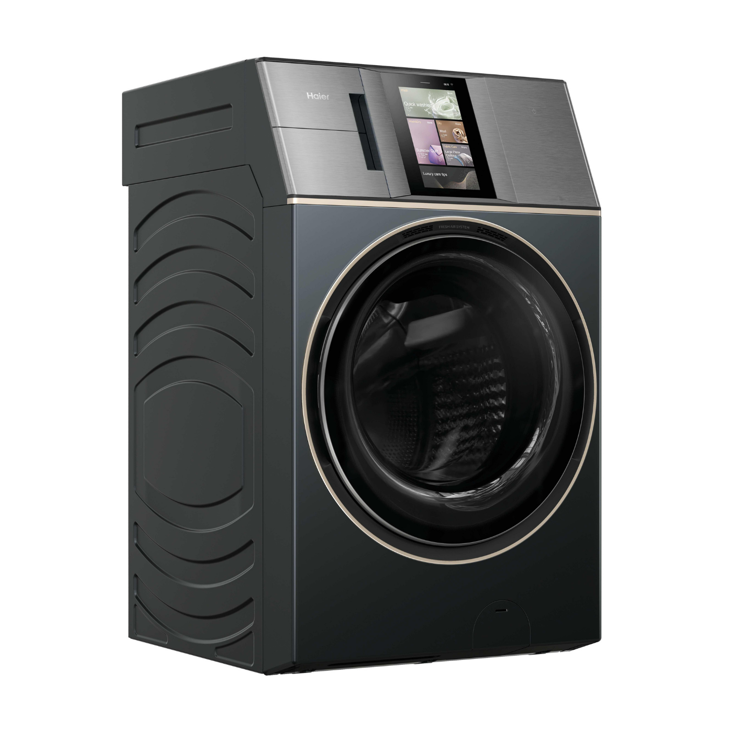 Moderna lavadora Haier con pantalla táctil y tambor grande. Carcasa gris oscuro.