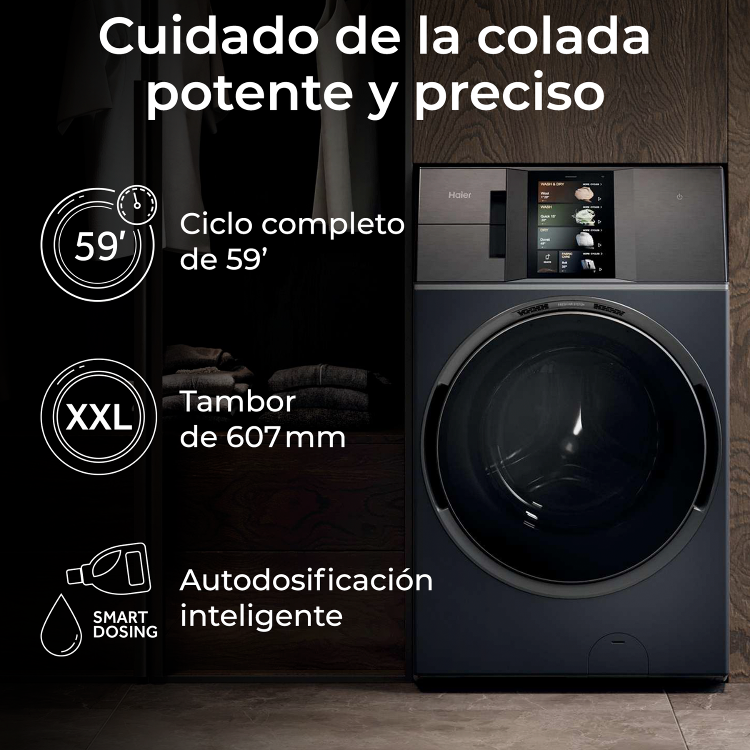 Cuidado de la colada potente y preciso: ciclo completo de 59', tambor XXL de 607 mm y autodosificación inteligente Smart Dosing