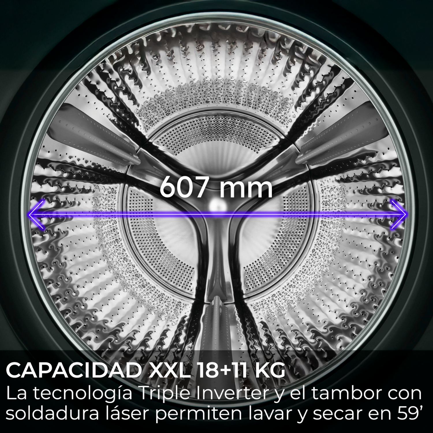 Capacidad XXL 18+11 kg: tecnología Triple Inverter y tambor de 607 mm con soldadura láser para lavar y secar en 59'