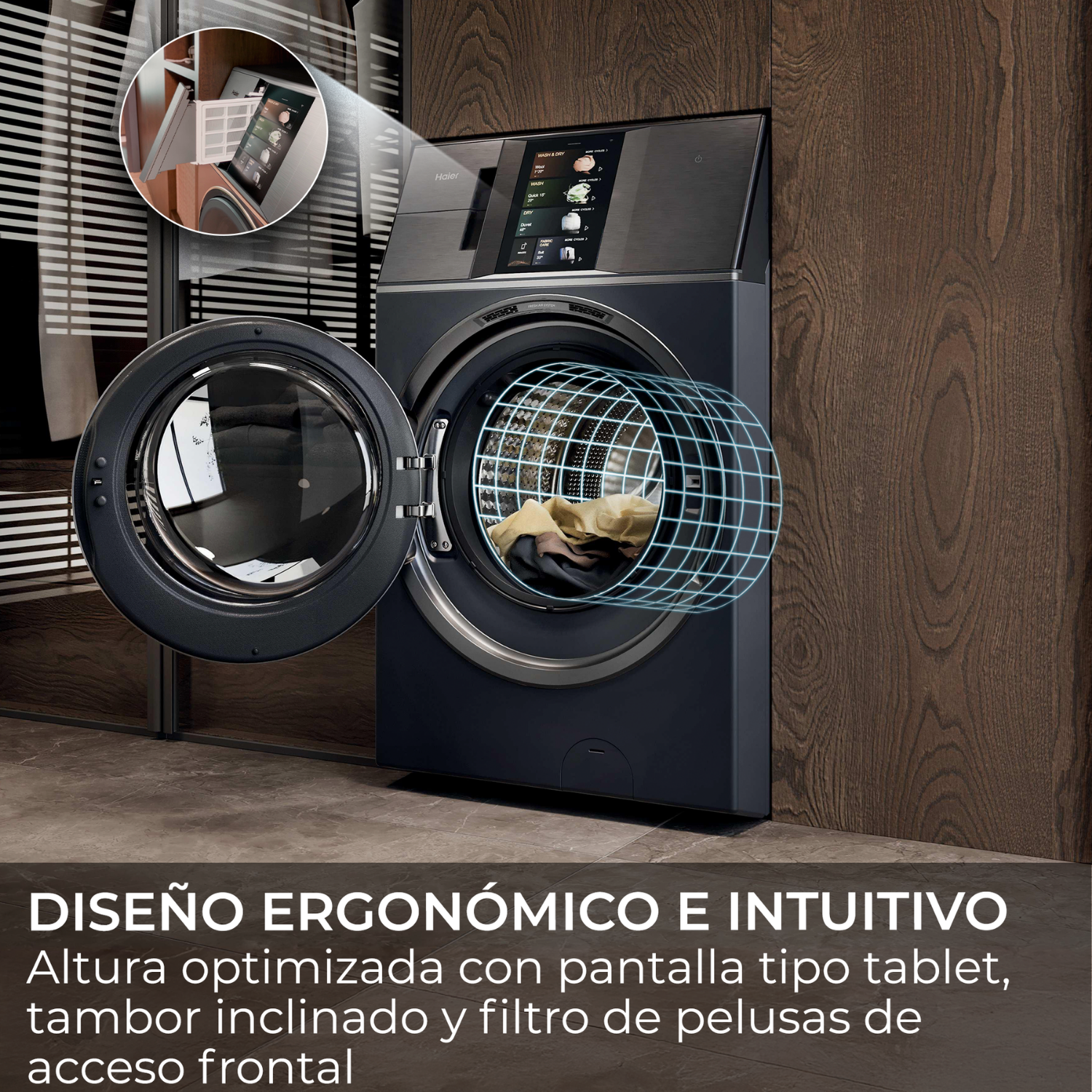 Diseño ergonómico e intuitivo: pantalla tipo tablet, tambor inclinado y filtro de pelusas de acceso frontal