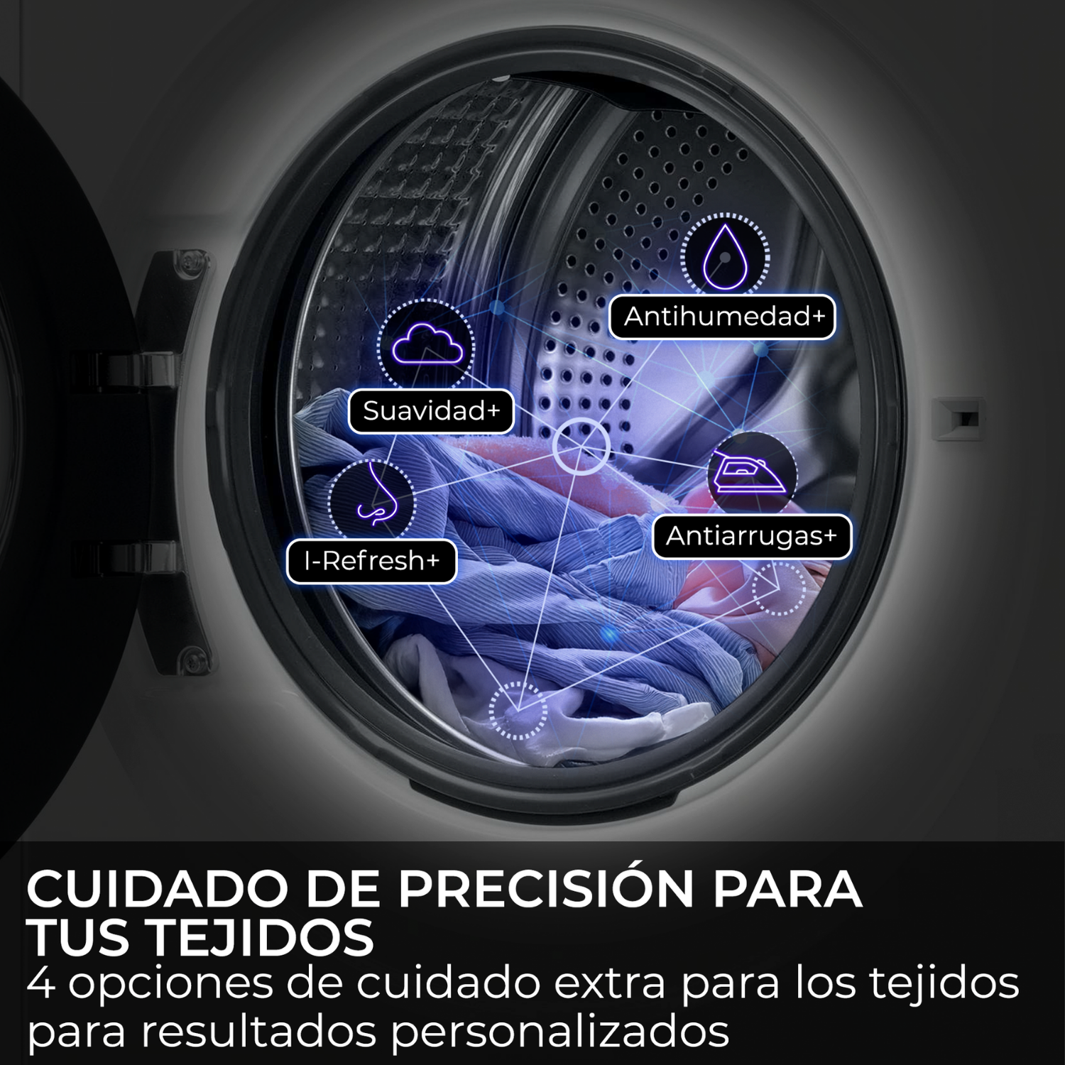 Cuidado de precisión para tus tejidos: 4 opciones extra, Antihumedad+, Suavidad+, I-Refresh+ y Antiarrugas+ para resultados personalizados