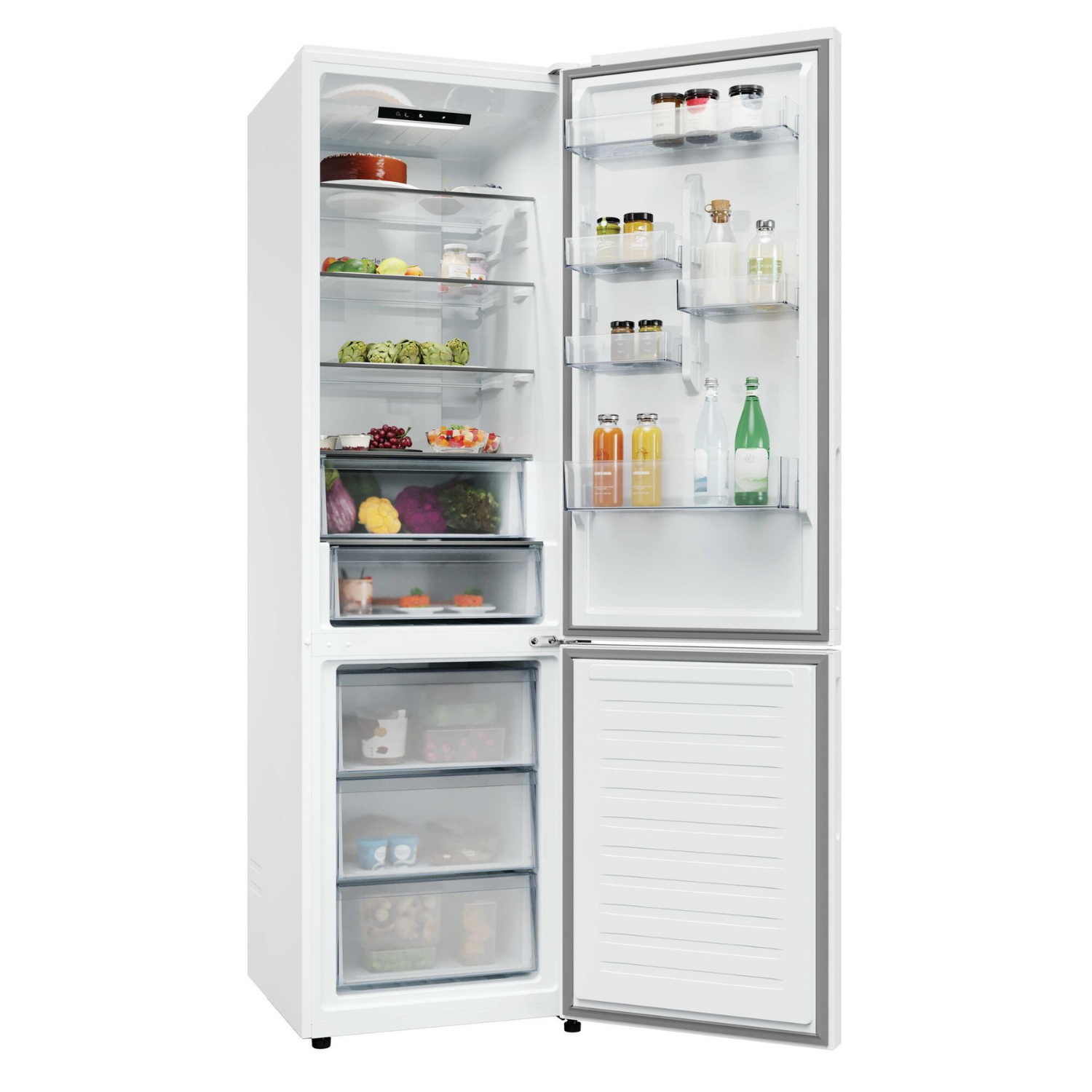 Un refrigerador blanco con la puerta abierta, lleno de alimentos.