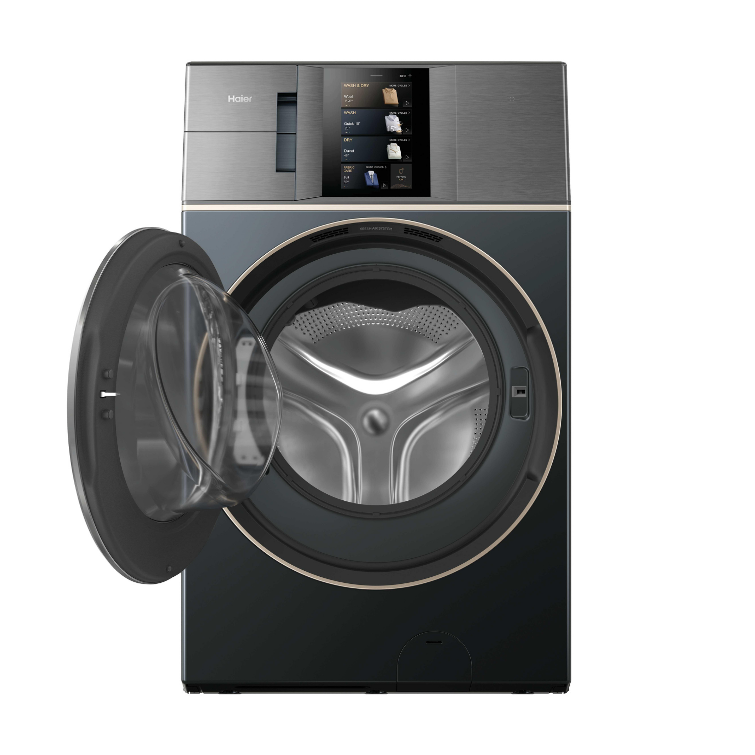 Una lavadora Haier negra con la puerta abierta y panel de control táctil.