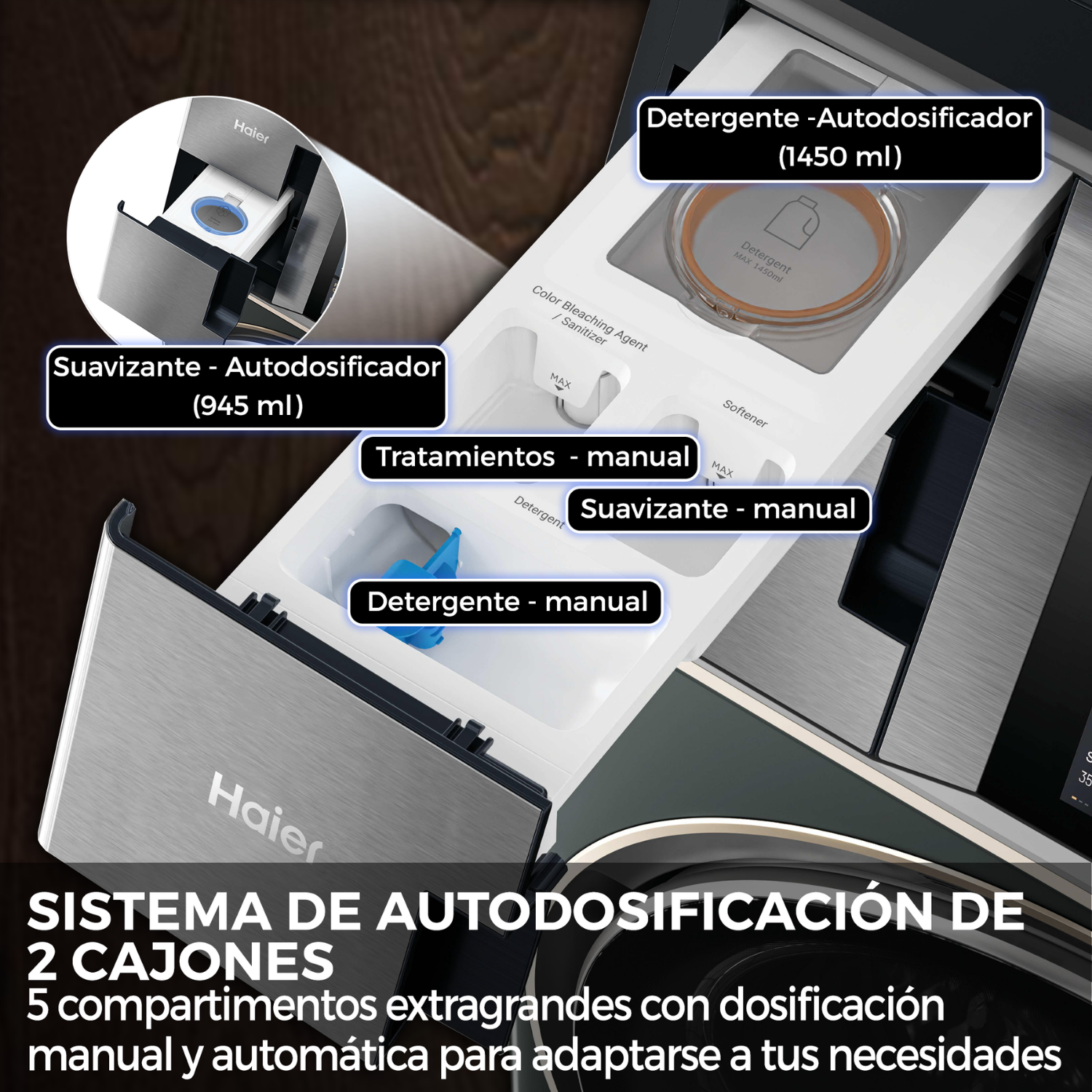 Sistema de autodosificación de 2 cajones: 5 compartimentos con dosificación manual y automática para adaptarse a tus necesidades