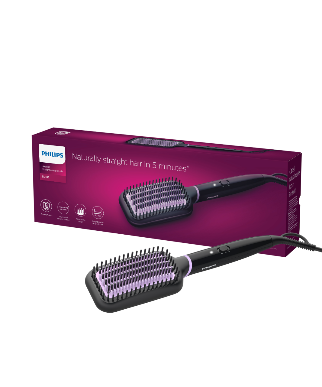 Philips ısıtmalı düzleştirici fırça, siyah gövde ve mor kıllar.