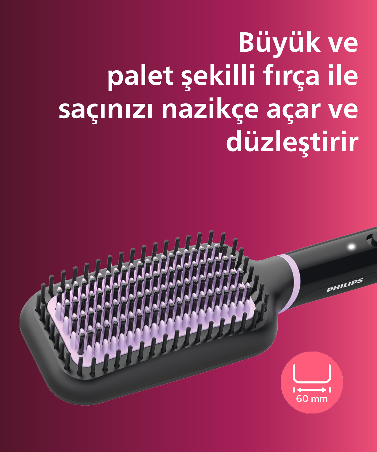 Mor renkli kıllara sahip siyah Philips düzleştirici fırça. 60 mm genişlik.