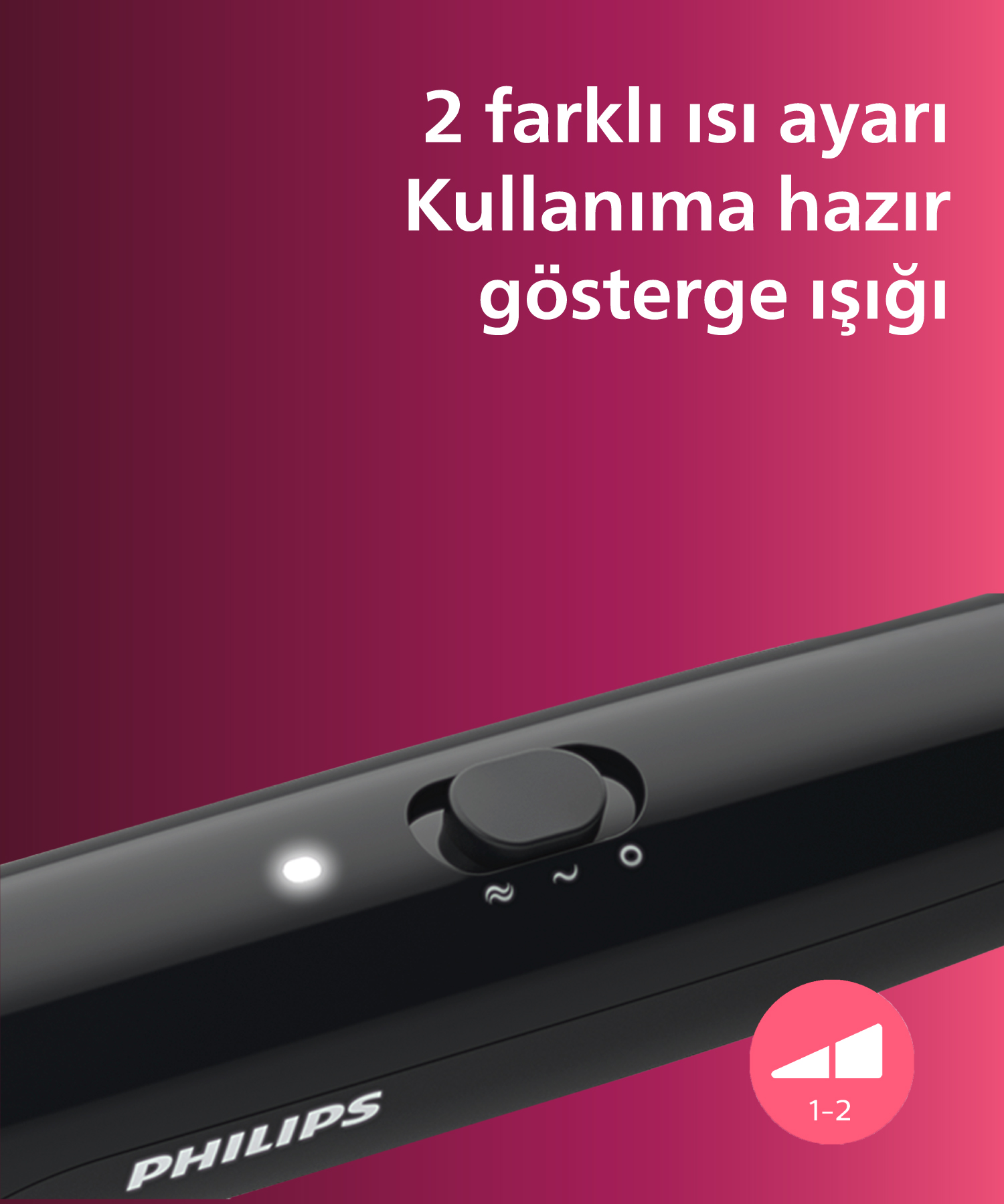 Anahtar ve gösterge ışıklı siyah Philips cihaz. Ayar ekranı 1-2.