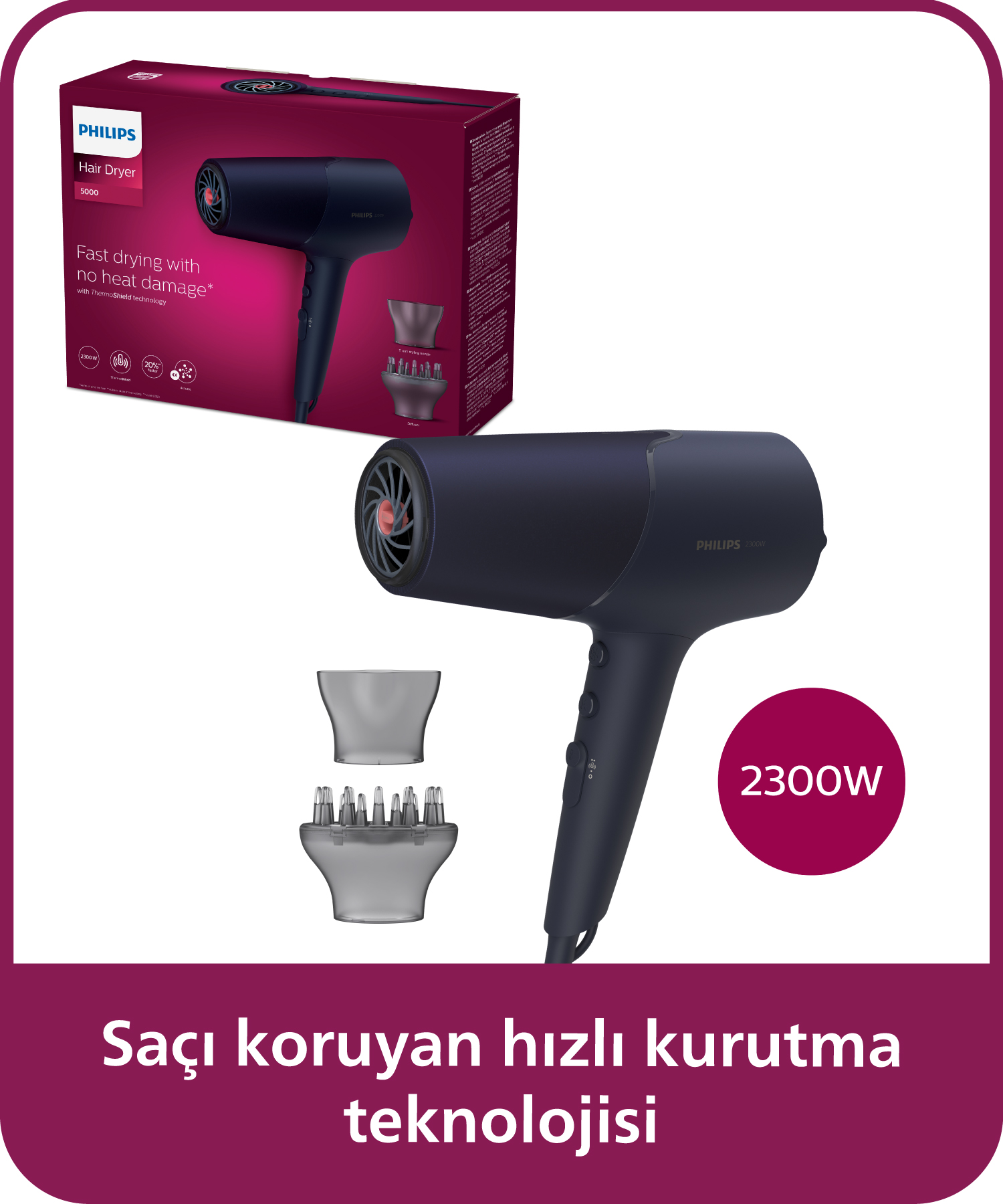 Koyu mavi Philips 5000 saç kurutma makinesi, iki başlık ve 2300W güç.