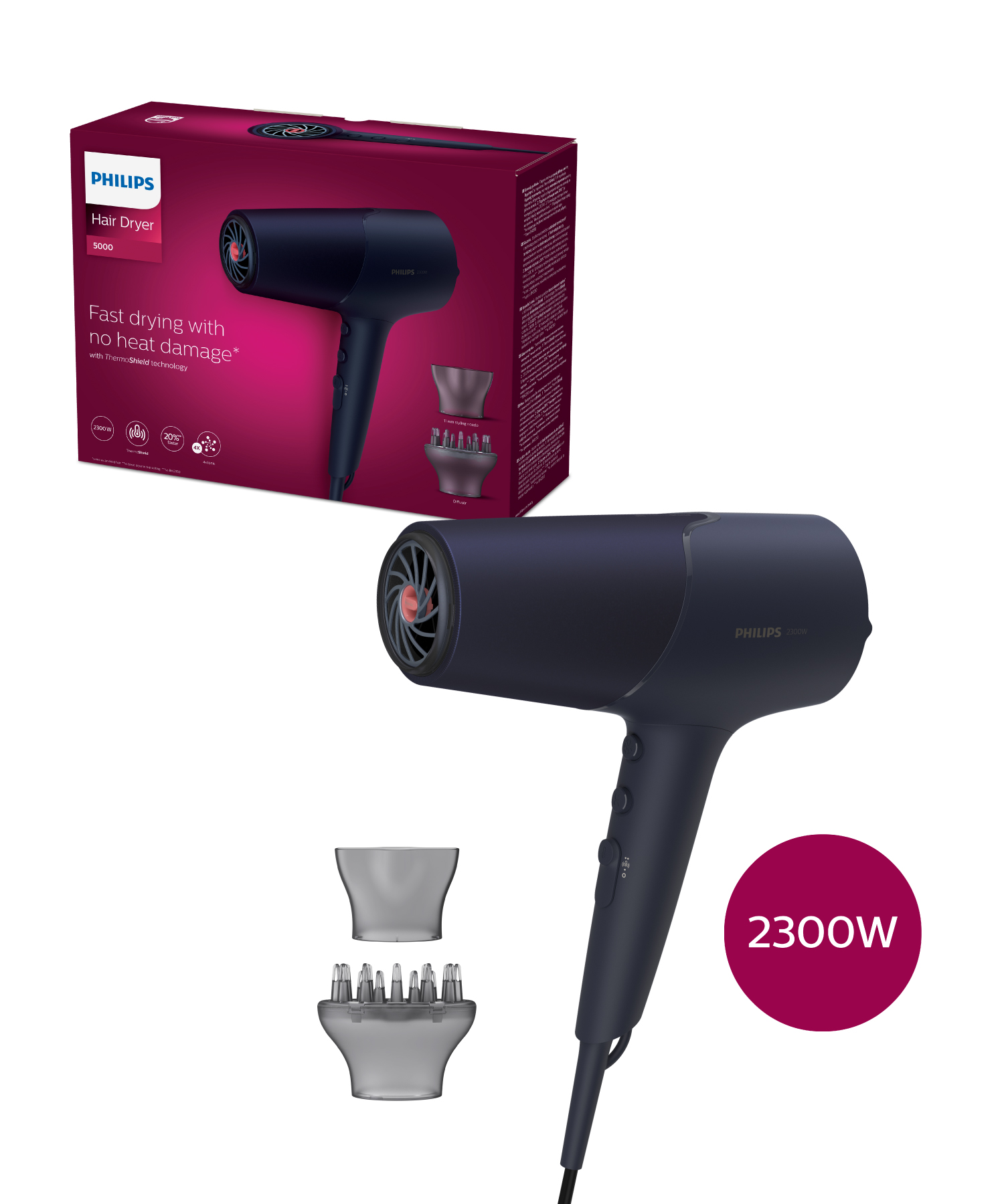 Koyu mavi Philips Saç Kurutma Makinesi 5000 iki başlıkla. 2300W.