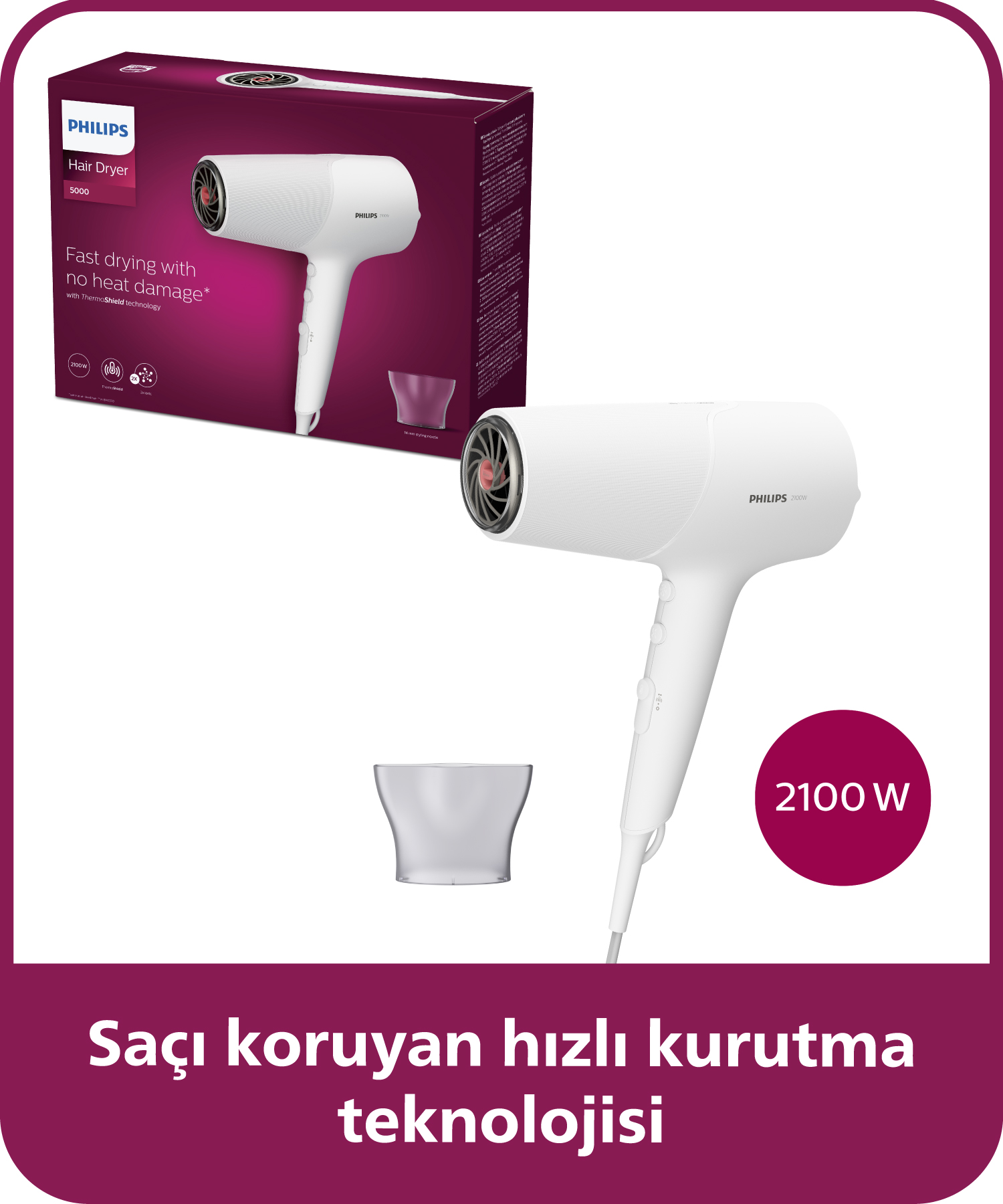 Şekillendirici başlığa ve 2100W güce sahip beyaz Philips saç kurutma makinesi.