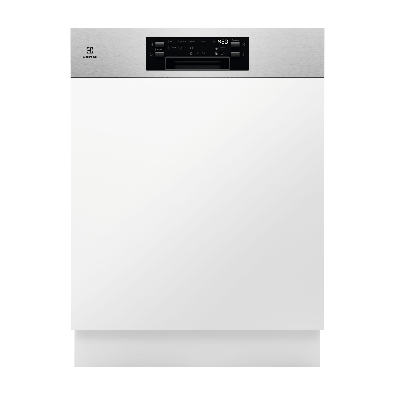 Una lavastoviglie bianca con pannello di controllo argentato e logo Electrolux.