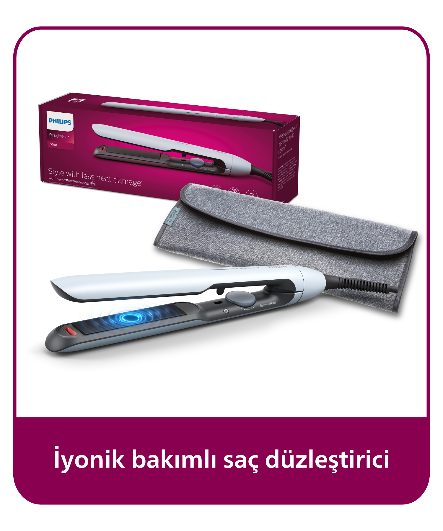 Philips Düzleştirici 5000 saklama torbası ile, mavi ve gri.