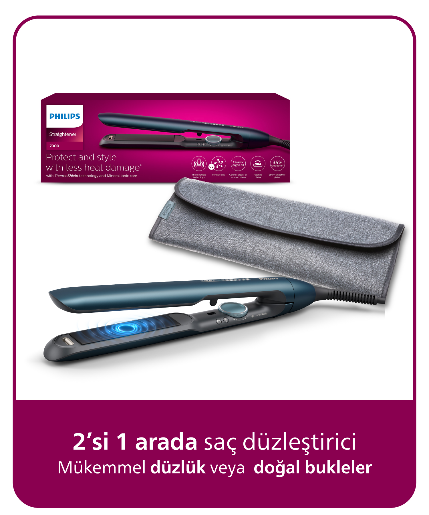 Aksesuar ve ürün ambalajlı mavi Philips saç düzleştirici.