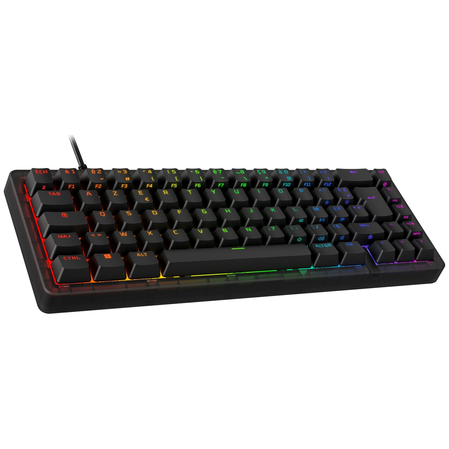 Zwart toetsenbord met RGB-verlichting, close-up van de toetsen.