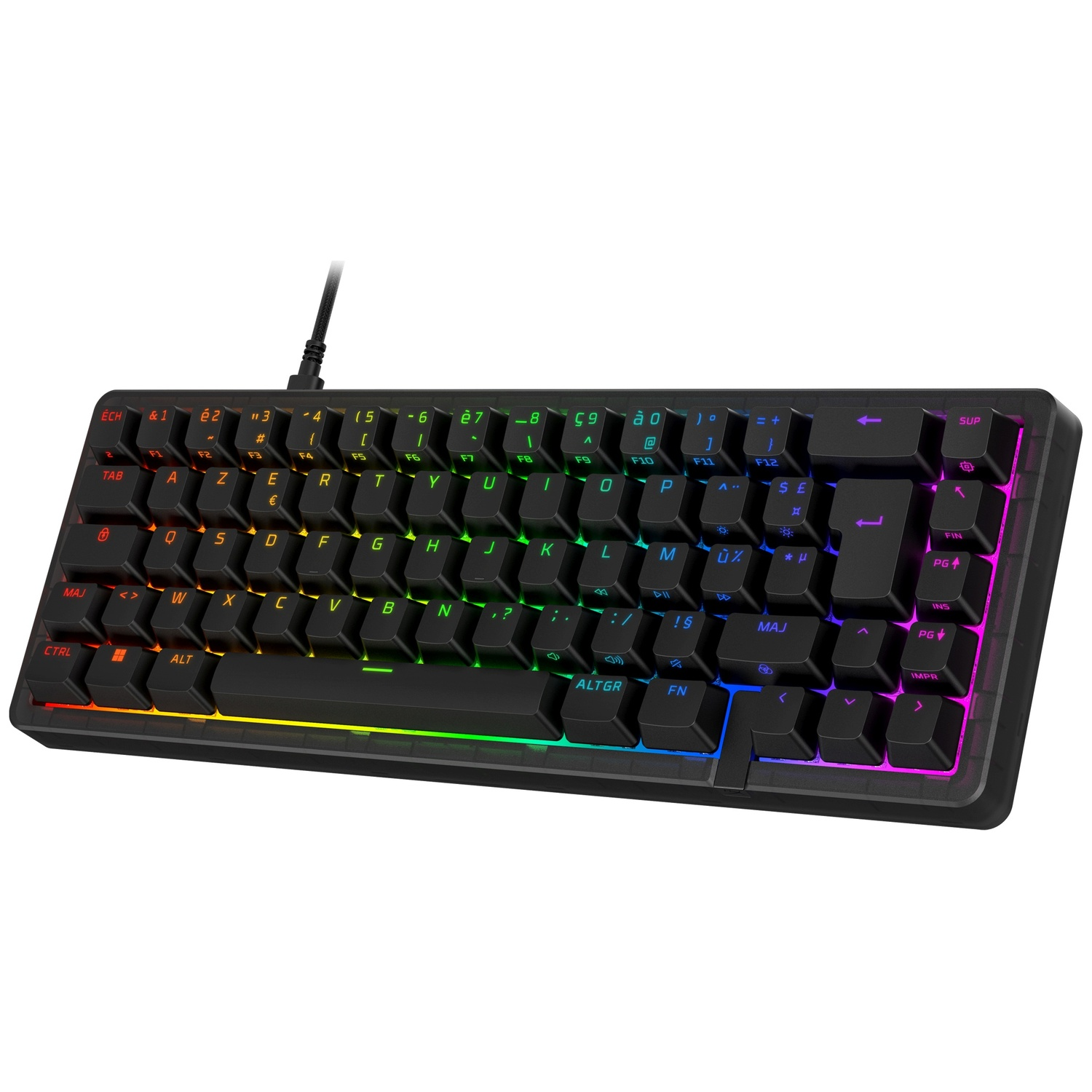Zwart toetsenbord met RGB-verlichting, close-up, witte toetsen.