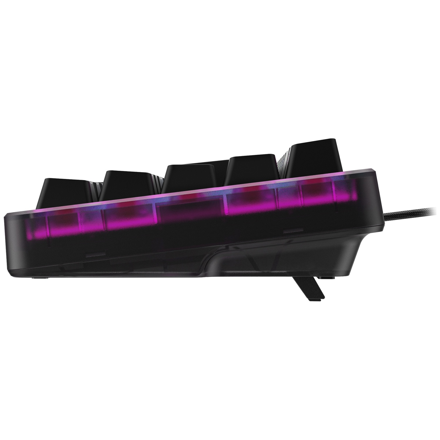 Zwart toetsenbord met paarse verlichting, zijaanzicht.