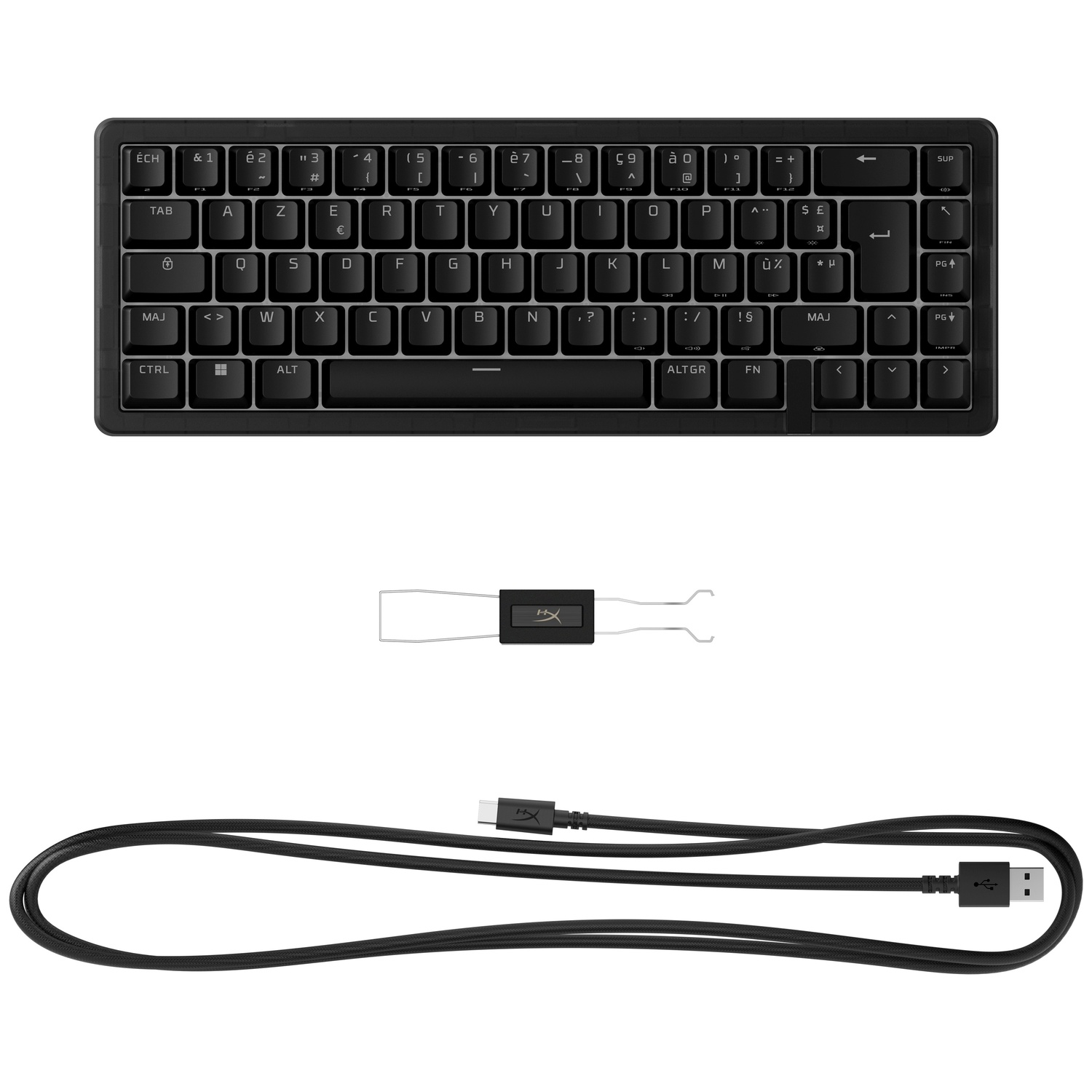 Zwart toetsenbord met USB-C-kabel en keycap trekker.