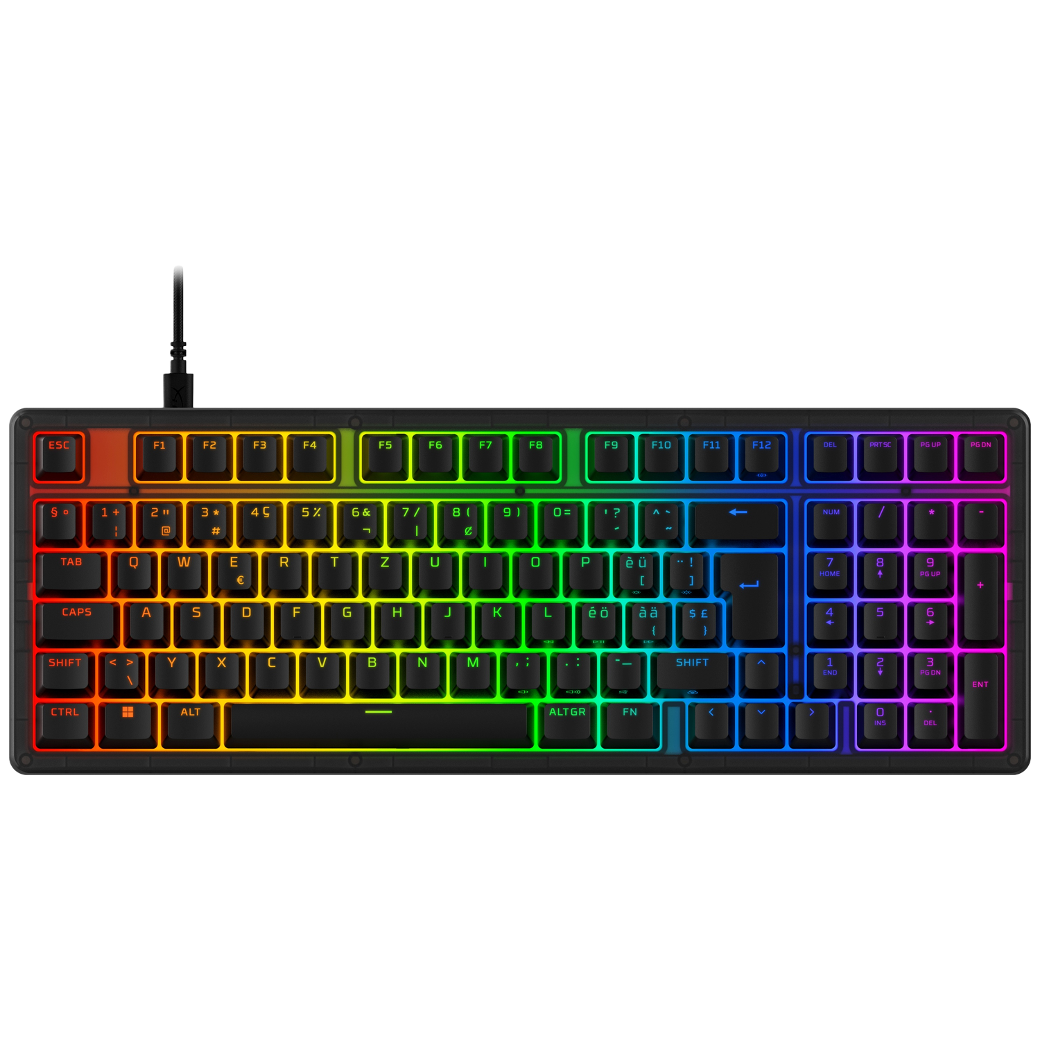 Een zwart toetsenbord met RGB-verlichting dat van links naar rechts overgaat van rood, geel, groen naar blauw.