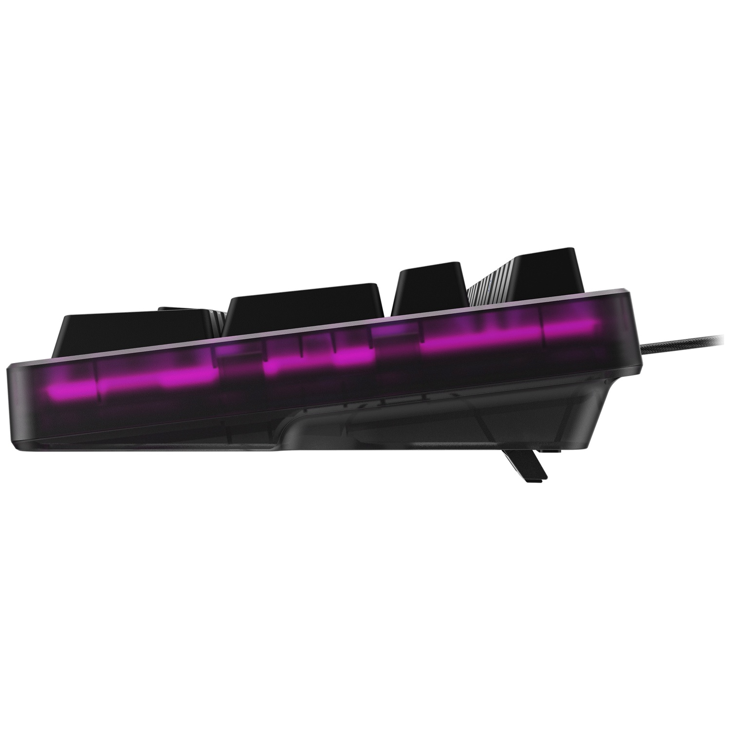 Zwart toetsenbord met paarse verlichting, van de zijkant gezien.