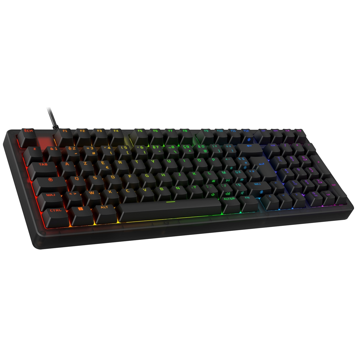 Zwart toetsenbord met RGB-verlichting, verlicht van linksboven.