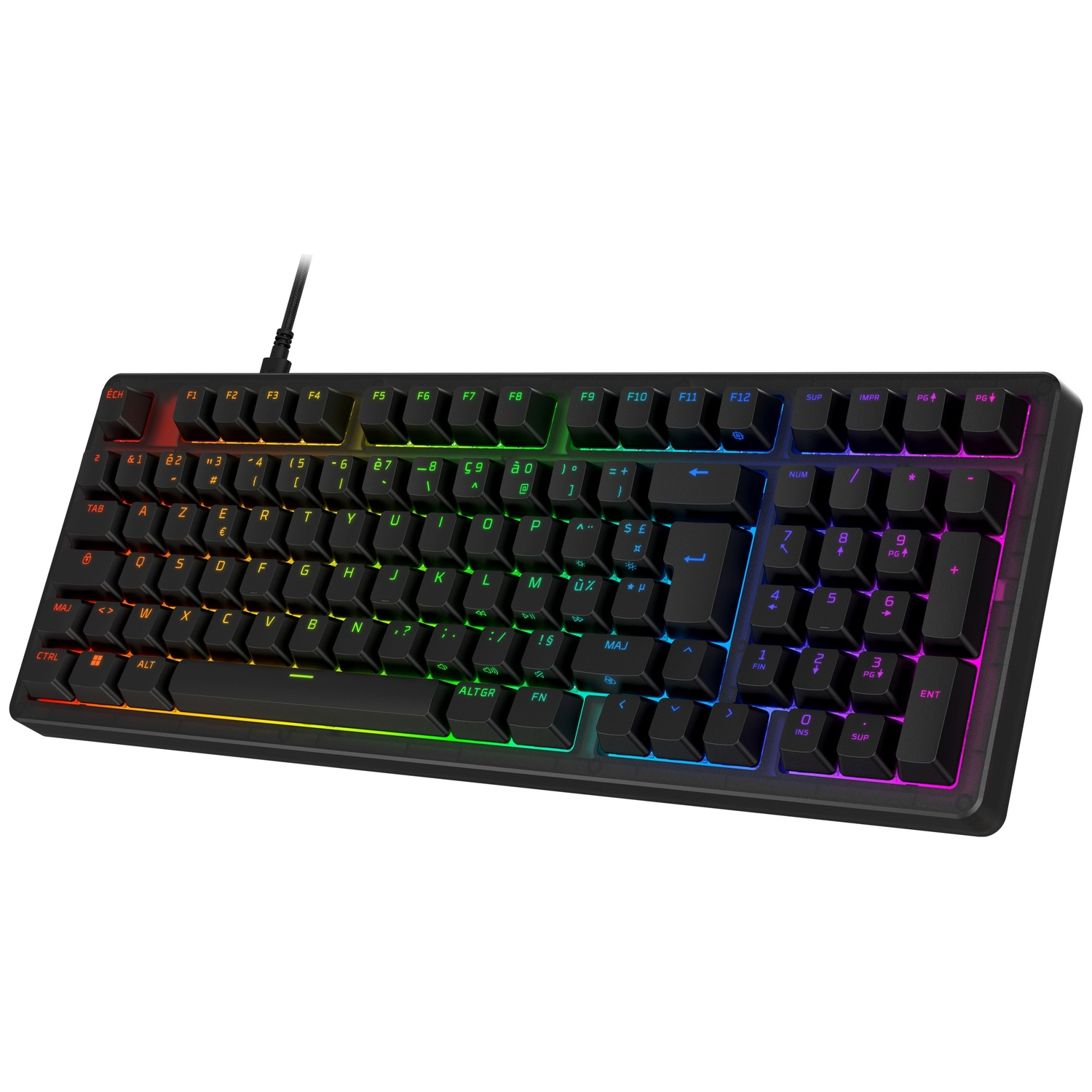 Zwart toetsenbord met RGB-verlichting, close-up van de toetsen.