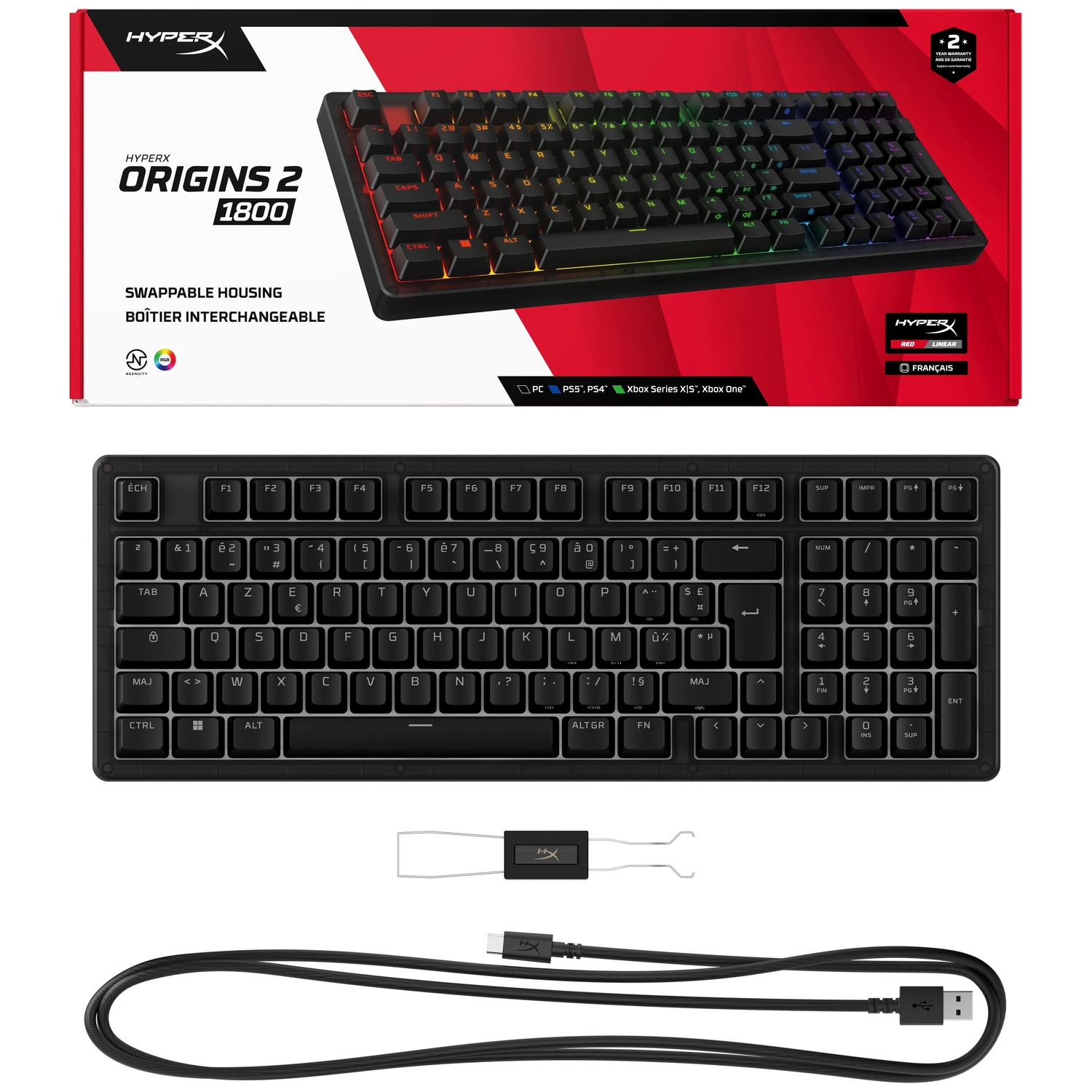 Een zwart HyperX Origins 1800 toetsenbord met RGB-verlichting, kabel en gereedschap.