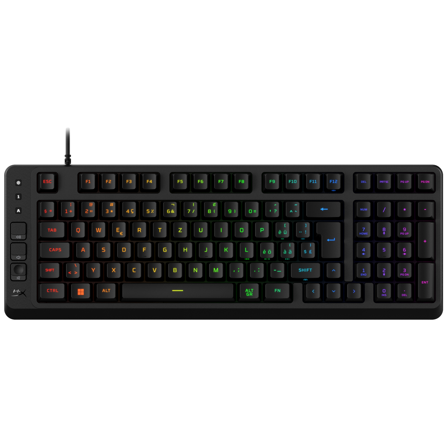 Un clavier gamer noir avec éclairage RGB des touches et un câble noir.