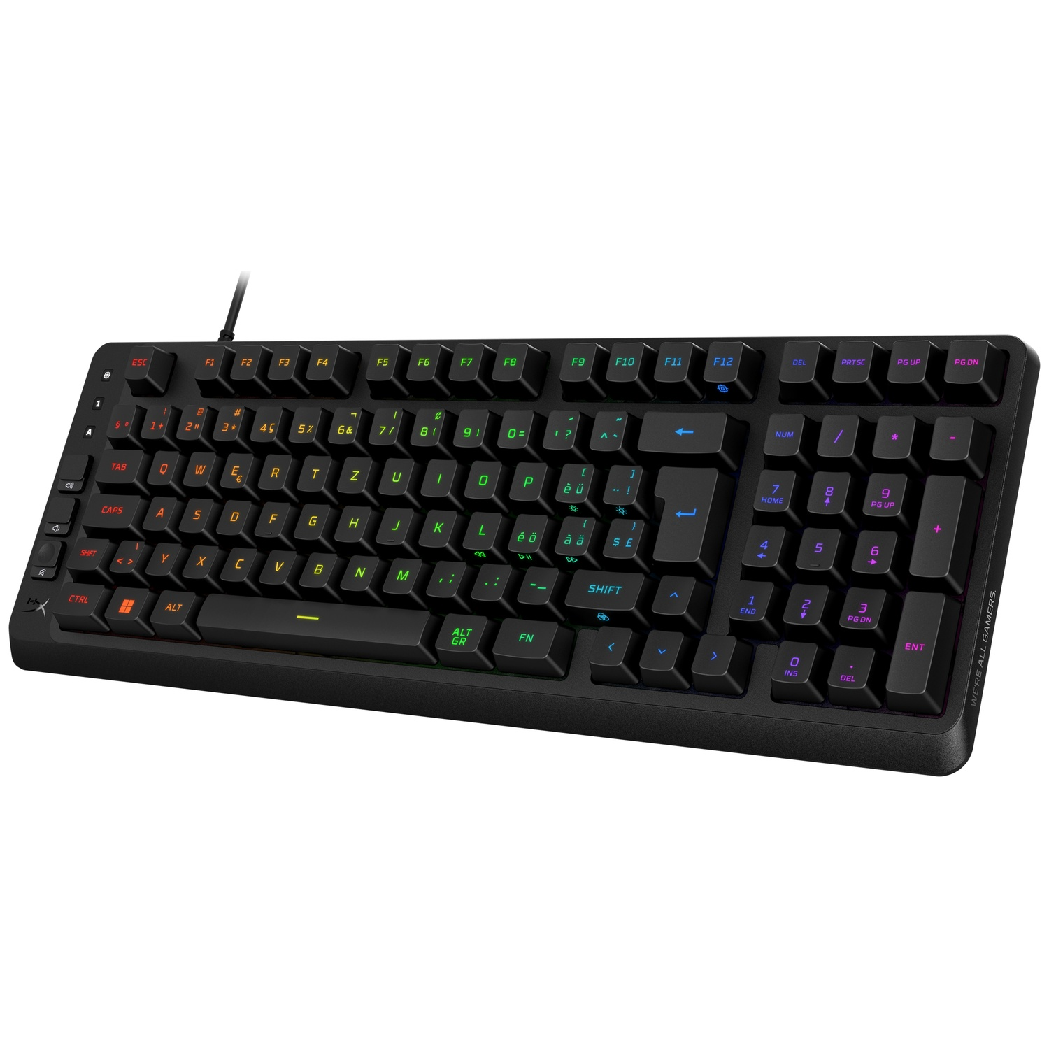 Clavier noir avec rétroéclairage coloré des touches et touches étiquetées.