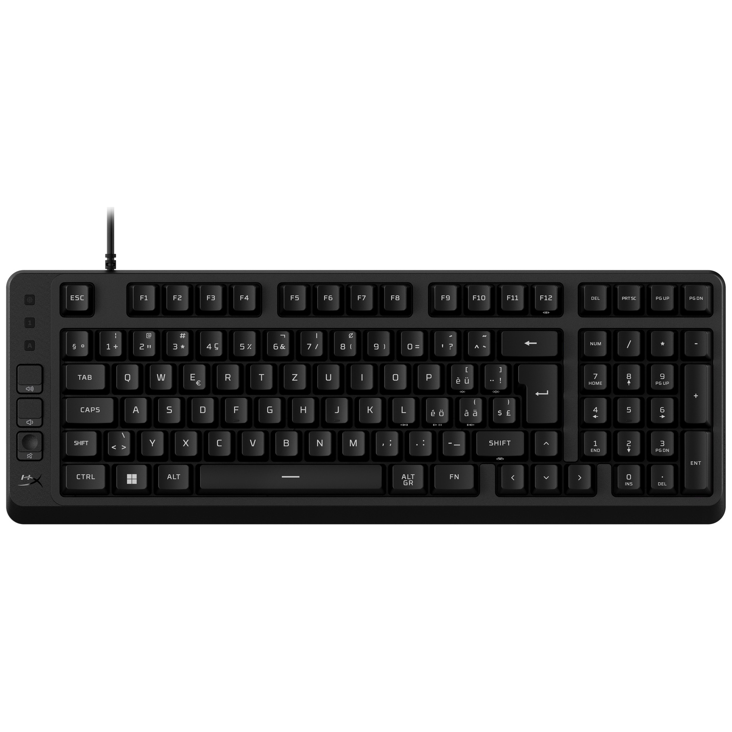Clavier noir filaire, gros plan sur les touches.