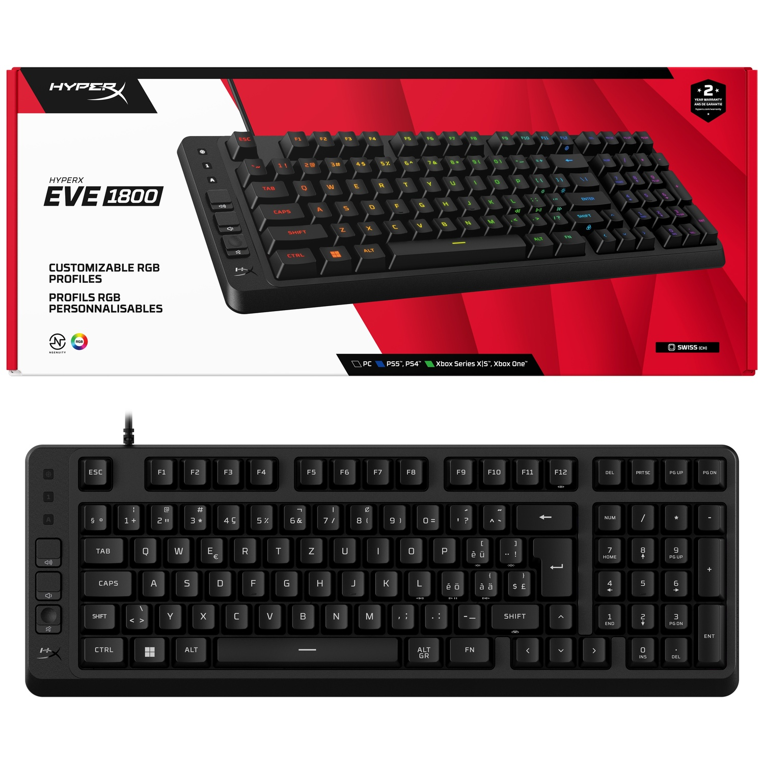 Clavier HyperX EVE 1800 noir avec éclairage RVB et disposition suisse.