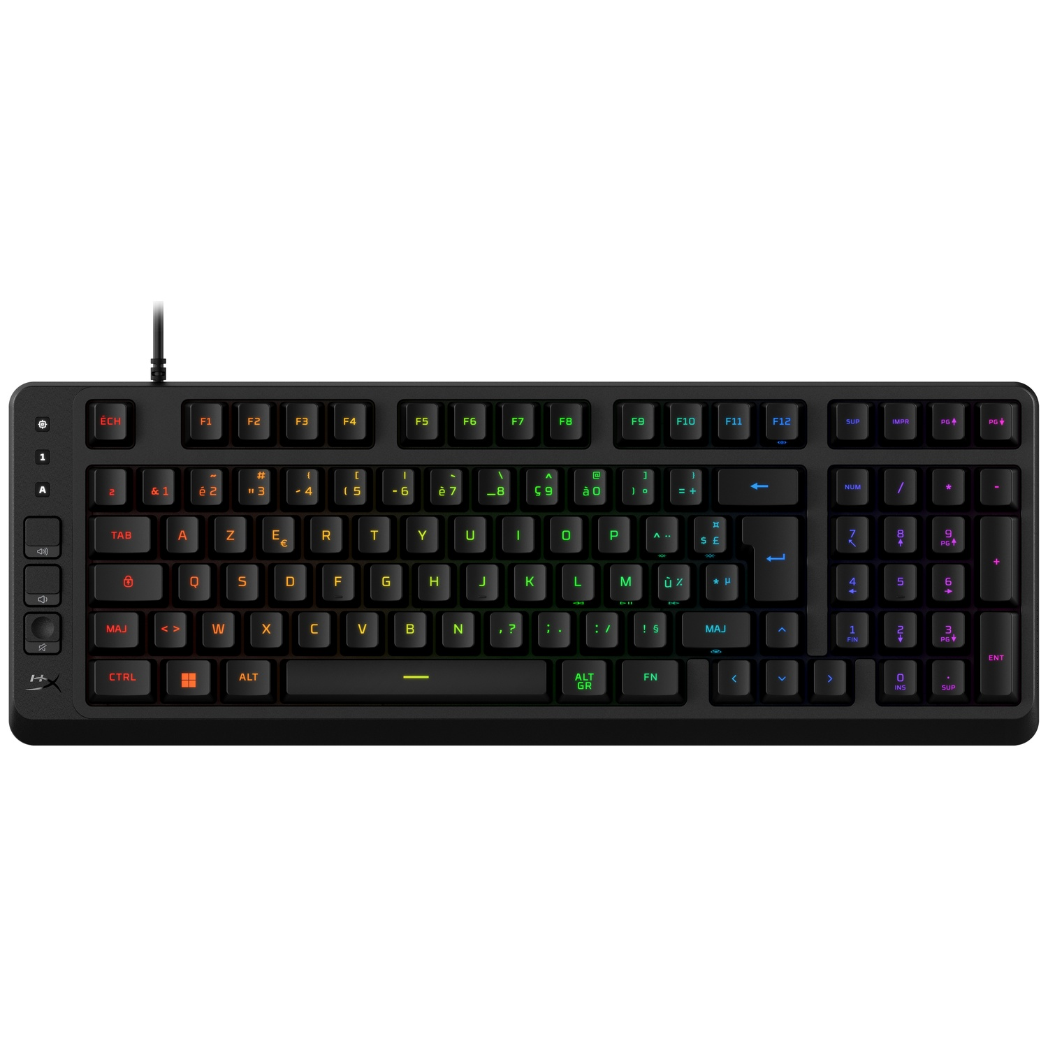 Zwart toetsenbord met RGB-achtergrondverlichting en QWERTY-indeling.