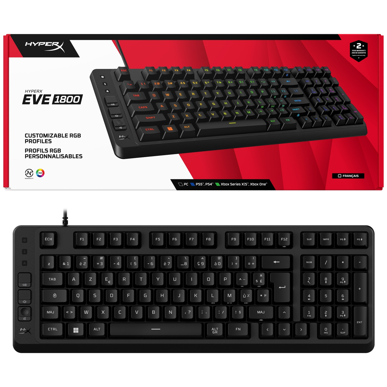 Zwart HyperX EVE 1800 toetsenbord met RGB-verlichting en Franse indeling.