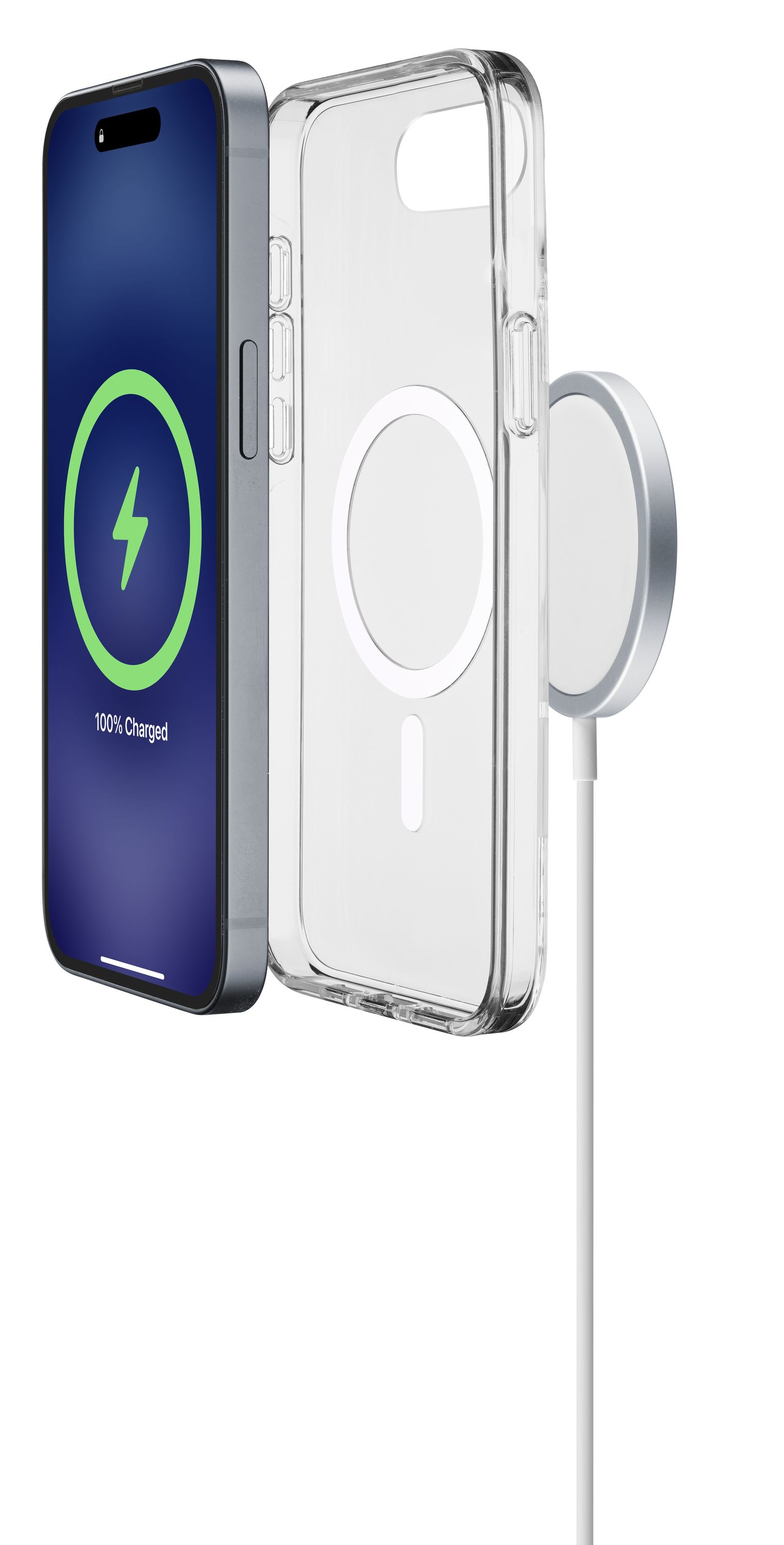 Un iPhone con funda transparente y cargador. La pantalla muestra 100% cargado.