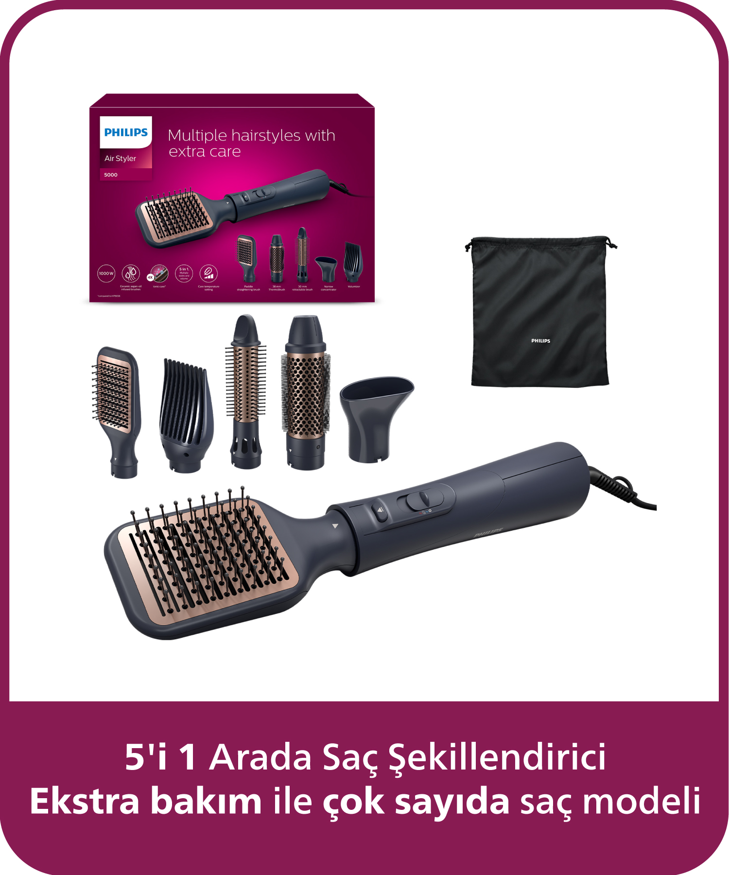 Philips Air Styler 5000 aparatlar ve saklama torbası ile.