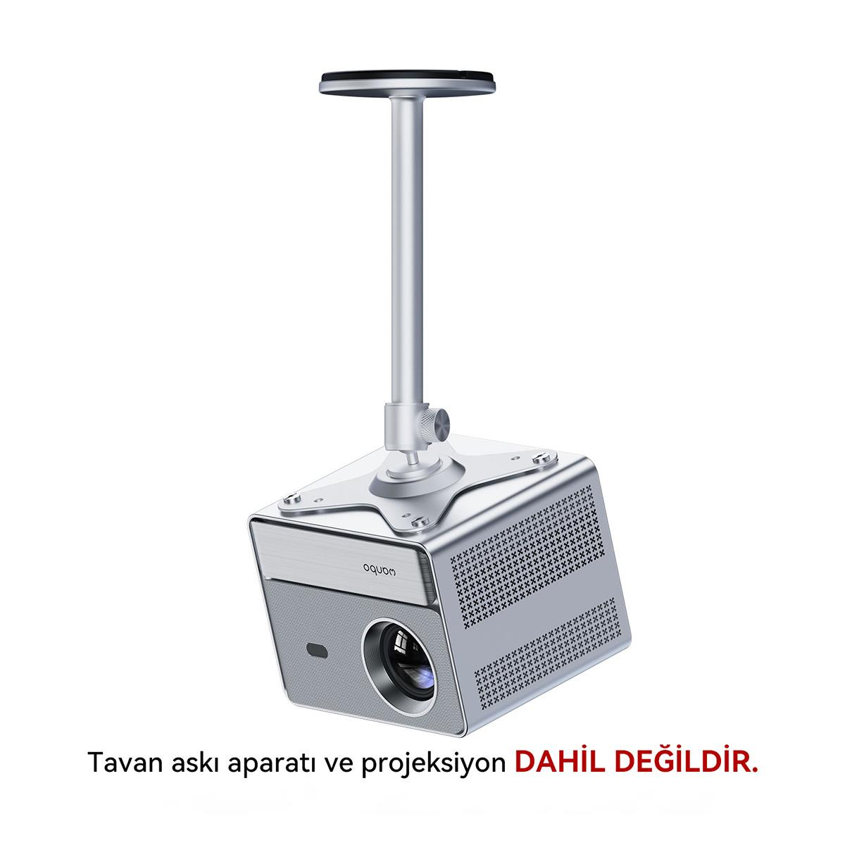 Gümüş projektör tavan montaj aparatıyla, beyaz zeminde izole edilmiş.