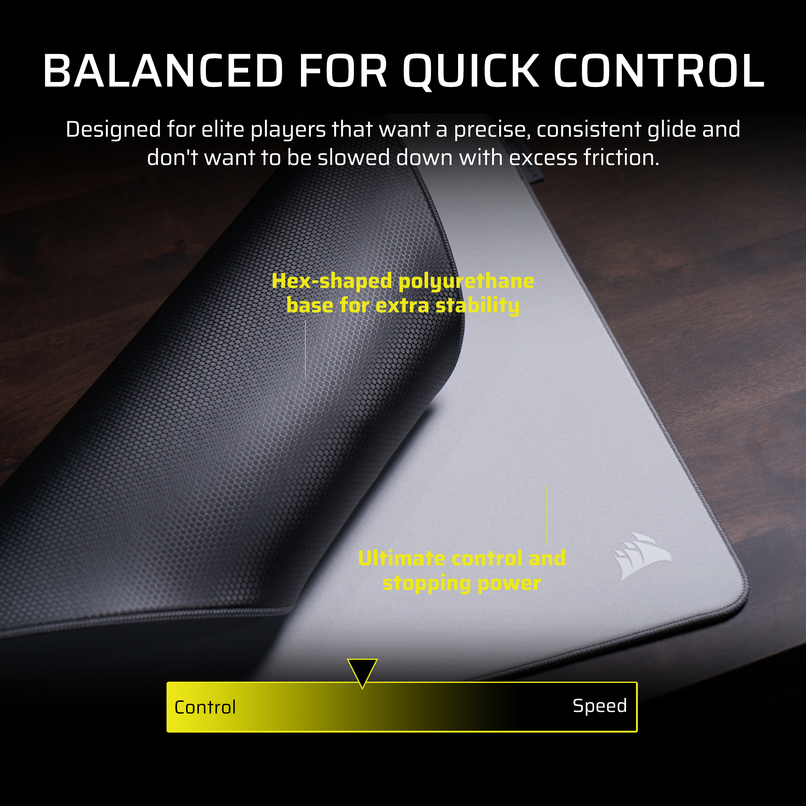 Graue Mausmatte mit schwarzem, texturiertem Rand. "Control" und "Speed" sind beschriftet.