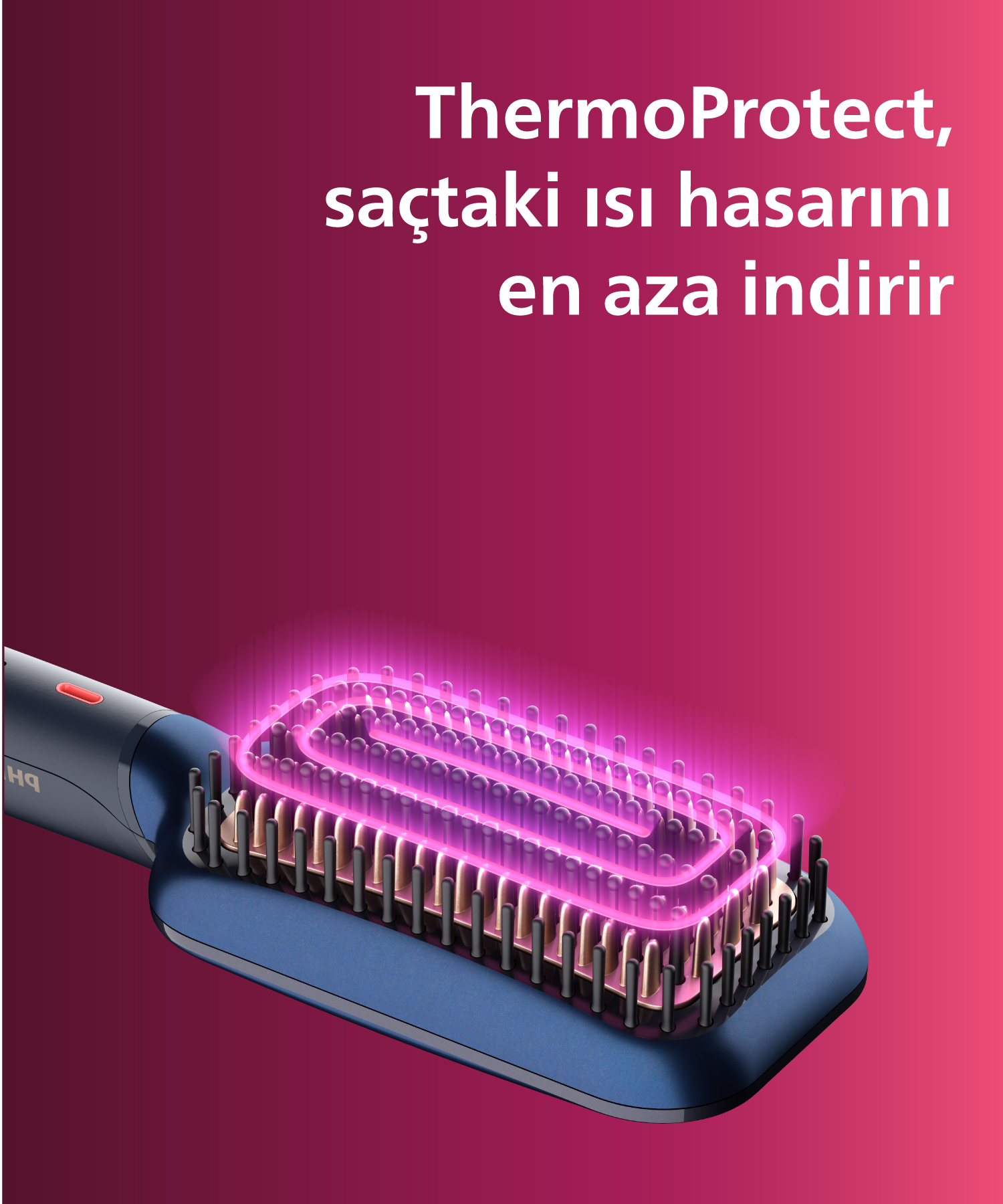 Pembe ısı yayan, mavi saç düzleştirici fırça.
