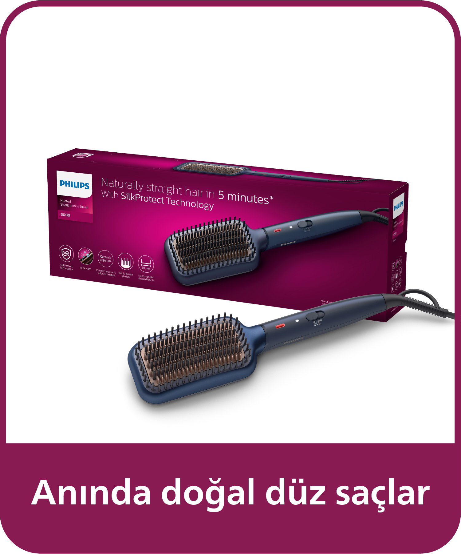 SilkProtect teknolojili mavi-siyah Philips ısıtmalı düzleştirici fırça.
