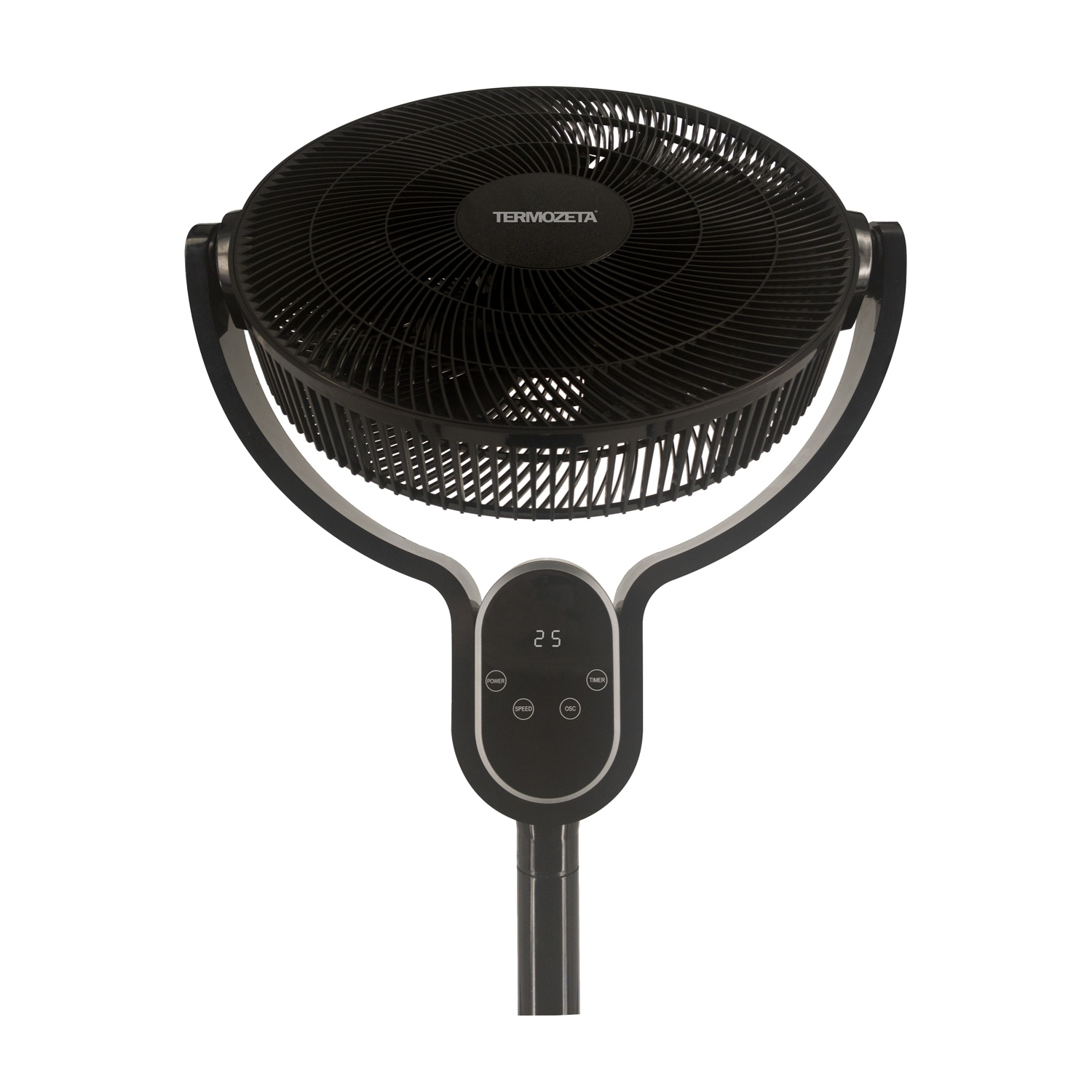 Un ventilatore da terra nero con display digitale e pulsanti di controllo.