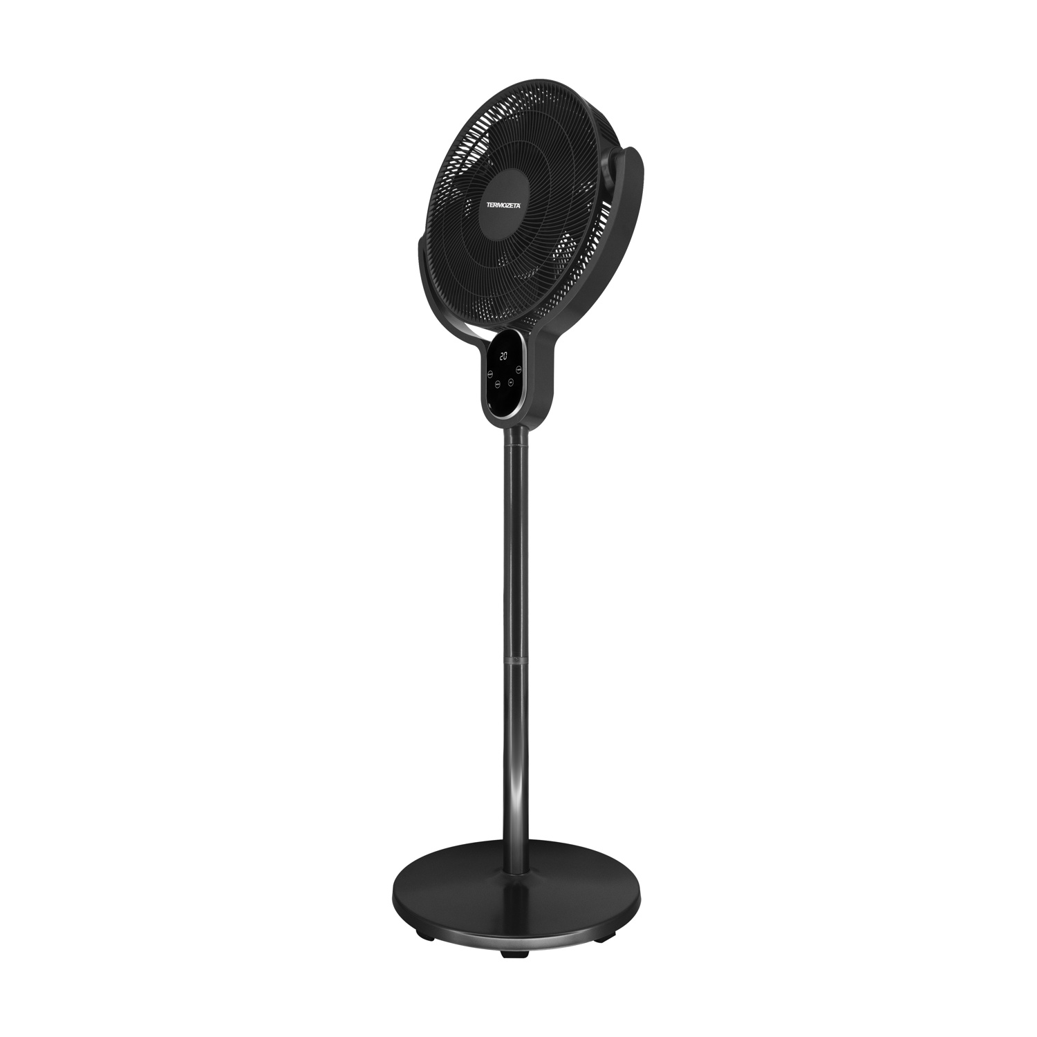 Un ventilatore da terra nero con base rotonda e display digitale.