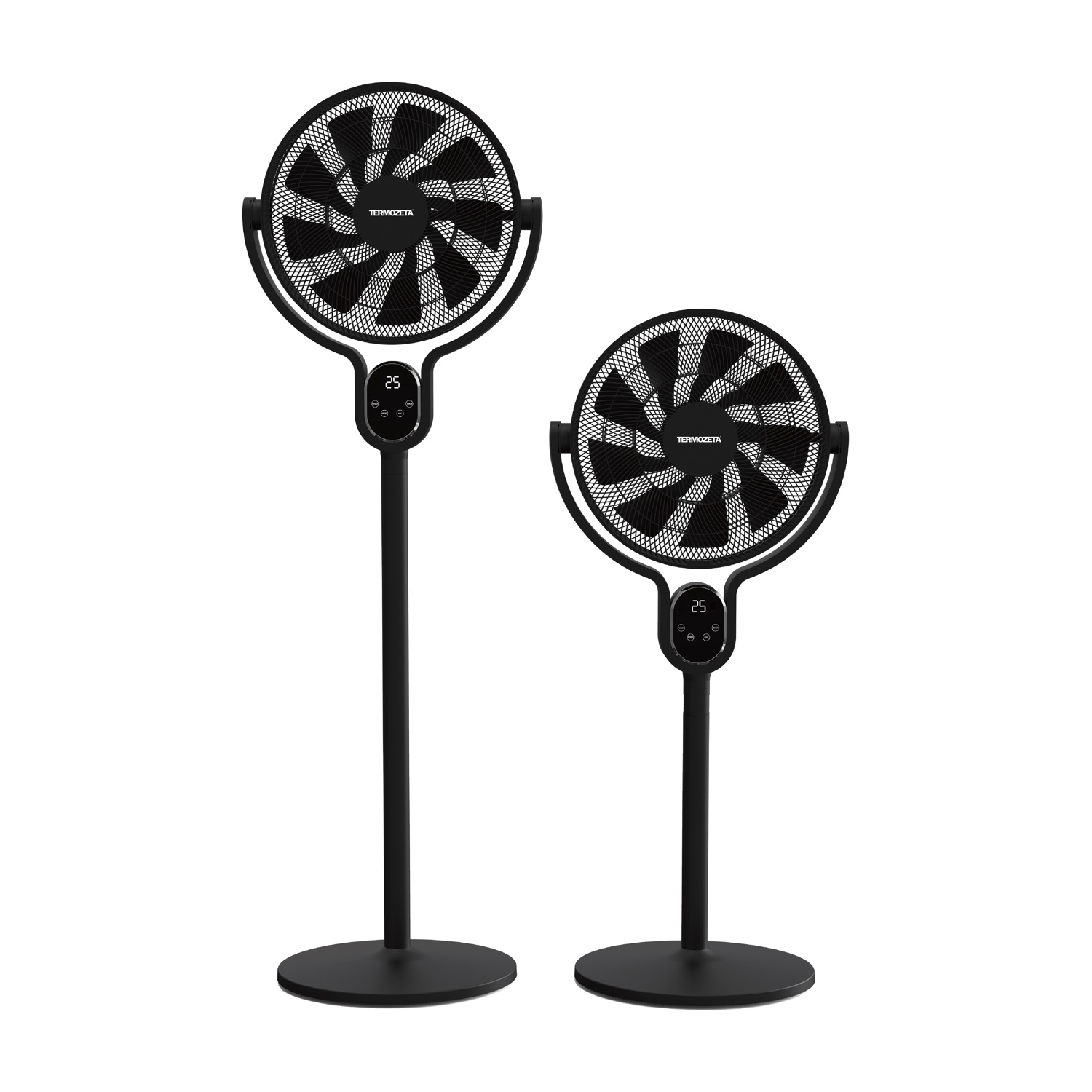 Due ventilatori da terra neri con display digitali e griglie.