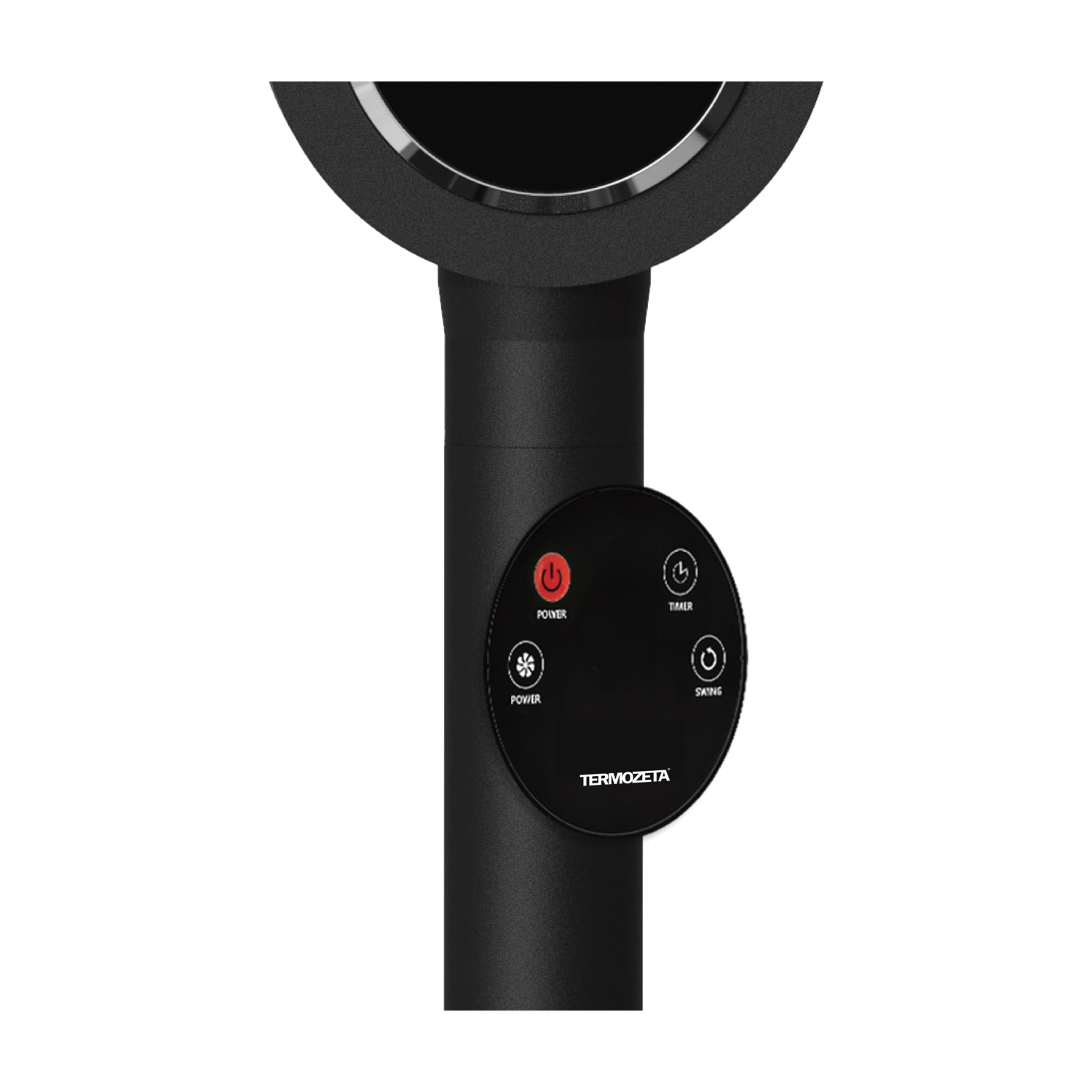 Ventilatore nero con pulsanti di controllo: Accensione, Timer, Oscillazione e velocità.