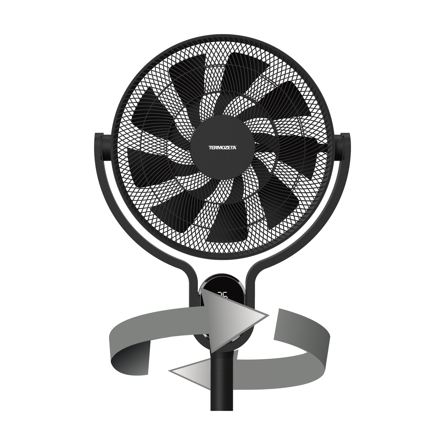 Ventilatore nero con display digitale e grafica di rotazione.