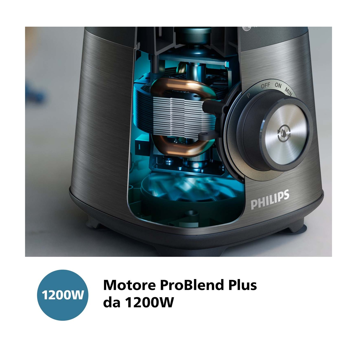 Frullatore Philips con motore ProBlend Plus da 1200W. Vista interna mostra avvolgimenti rame.