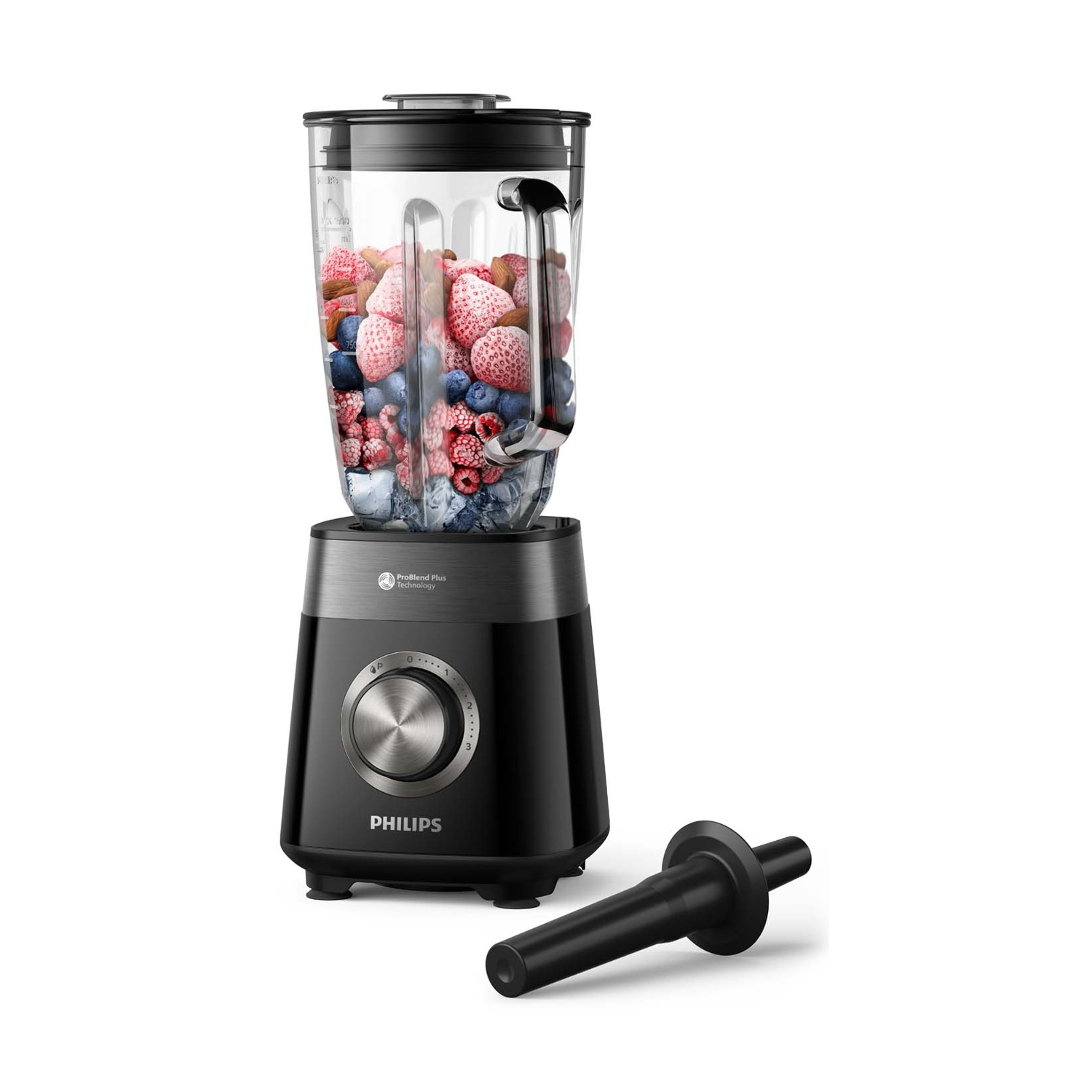 Un frullatore Philips nero con frutta e ghiaccio nel boccale, accanto uno spintore.