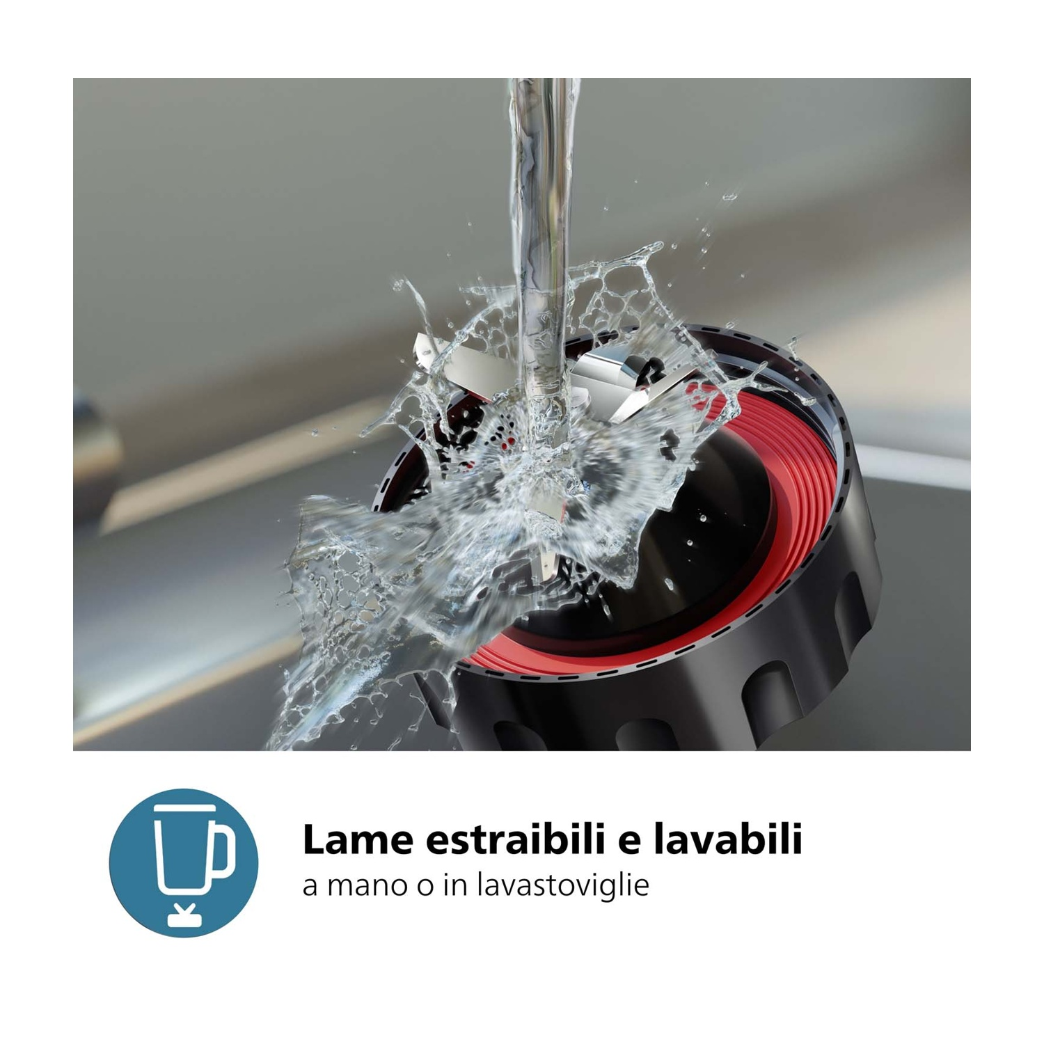 Lame di frullatore sotto l'acqua, dettagli rossi, lavabili in lavastoviglie.