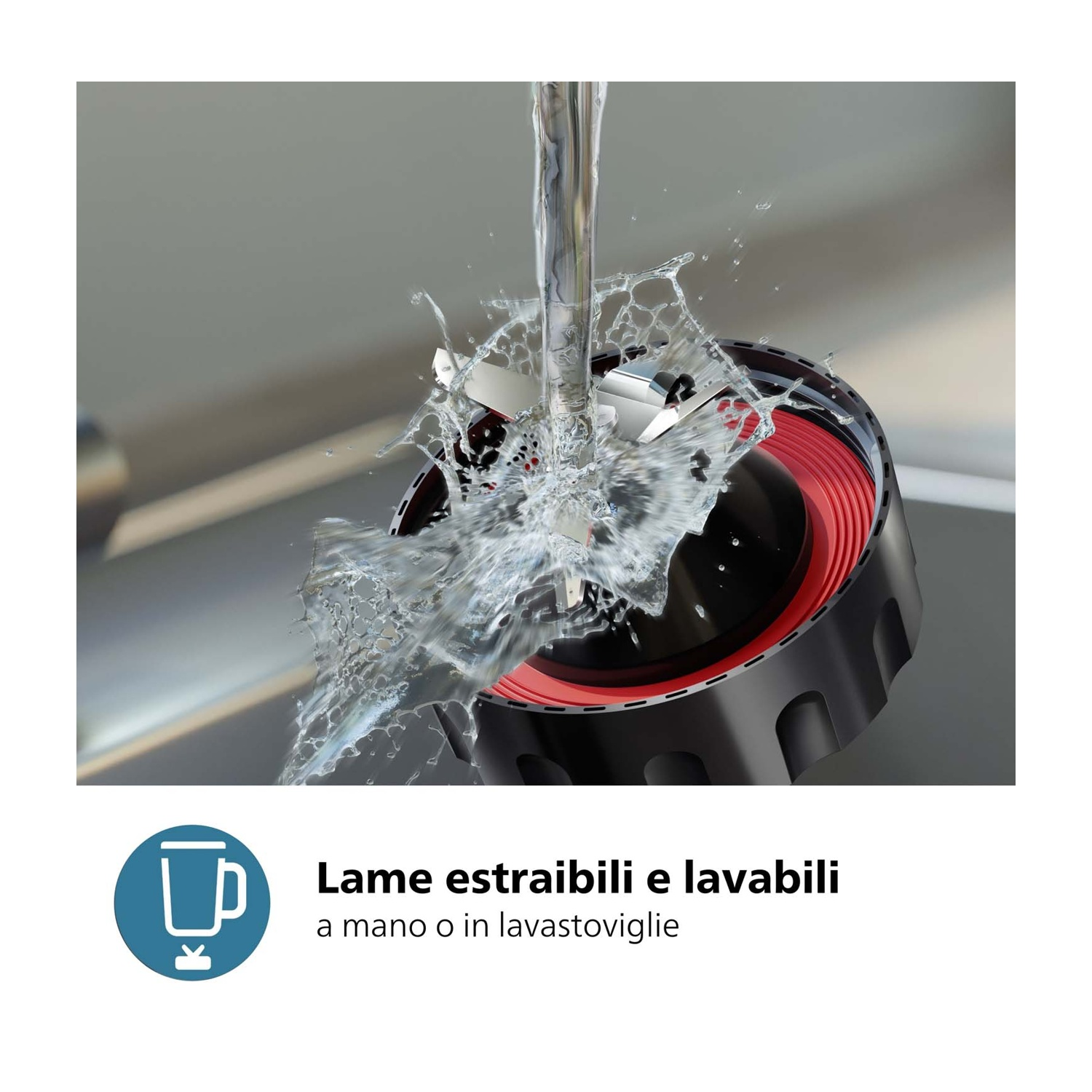 L'acqua schizza sulle lame affilate di un frullatore nero con anello rosso.