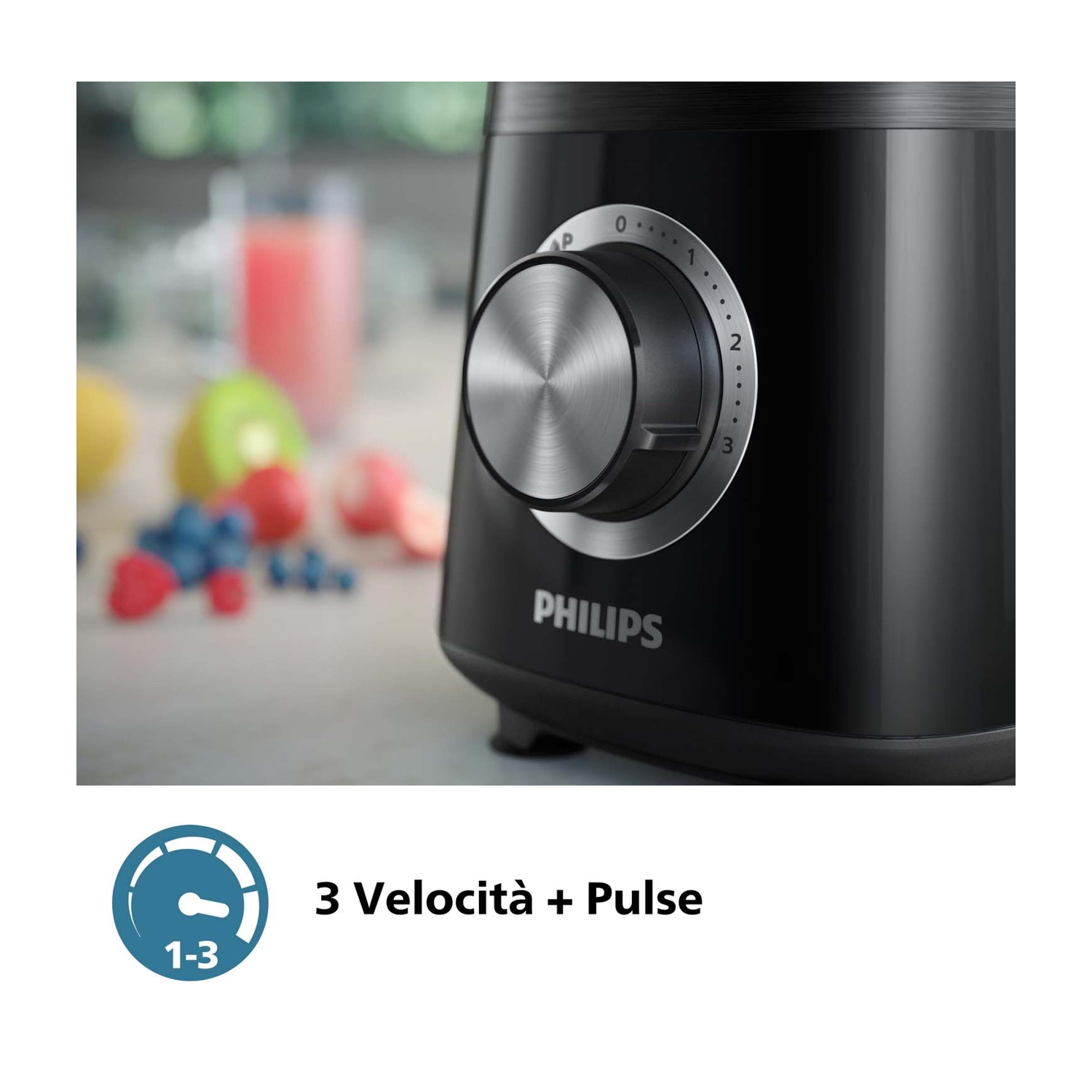 Frullatore Philips nero con manopola argento, frutta sullo sfondo.