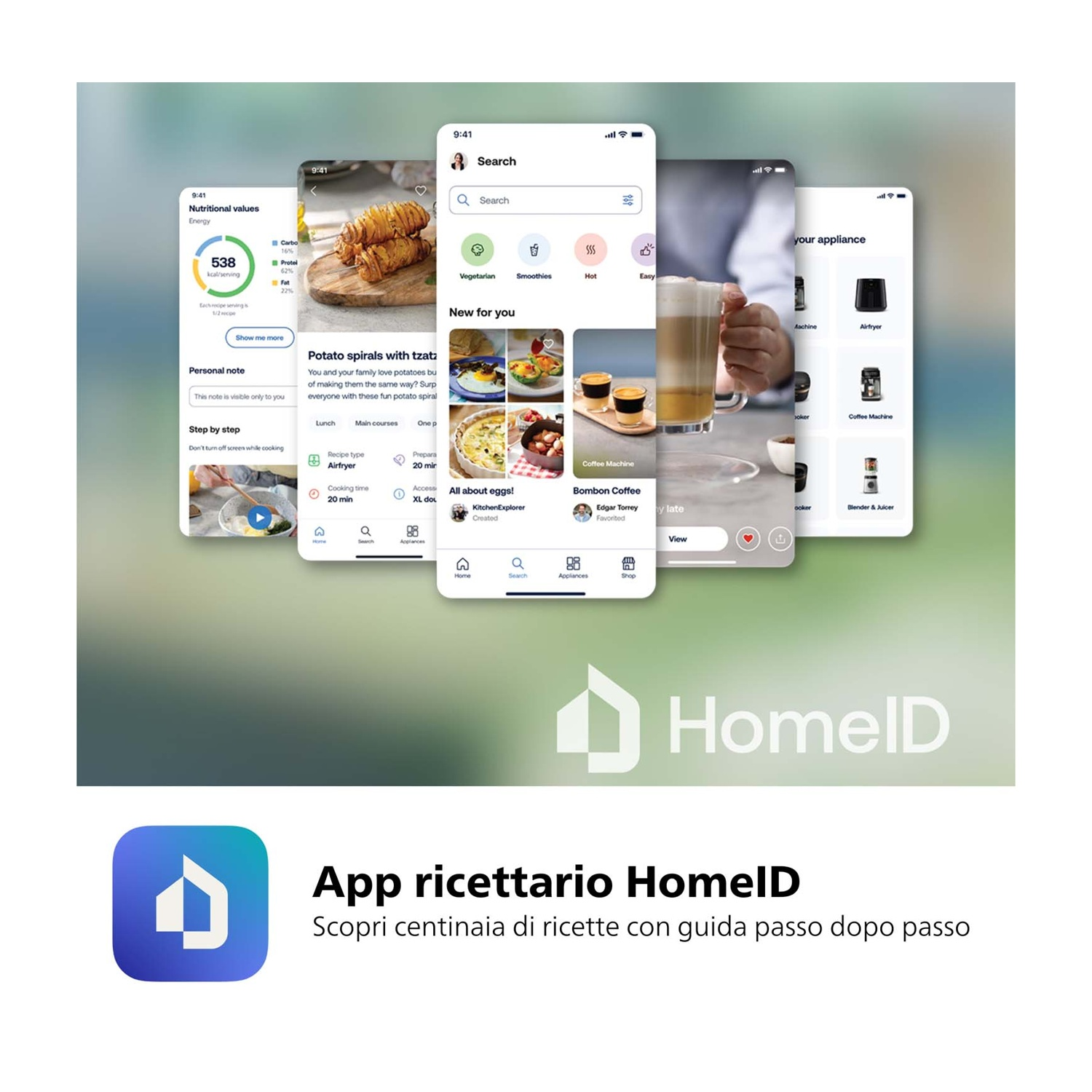 Screenshot di un'app di cucina con ricette, valori nutrizionali ed elettrodomestici.