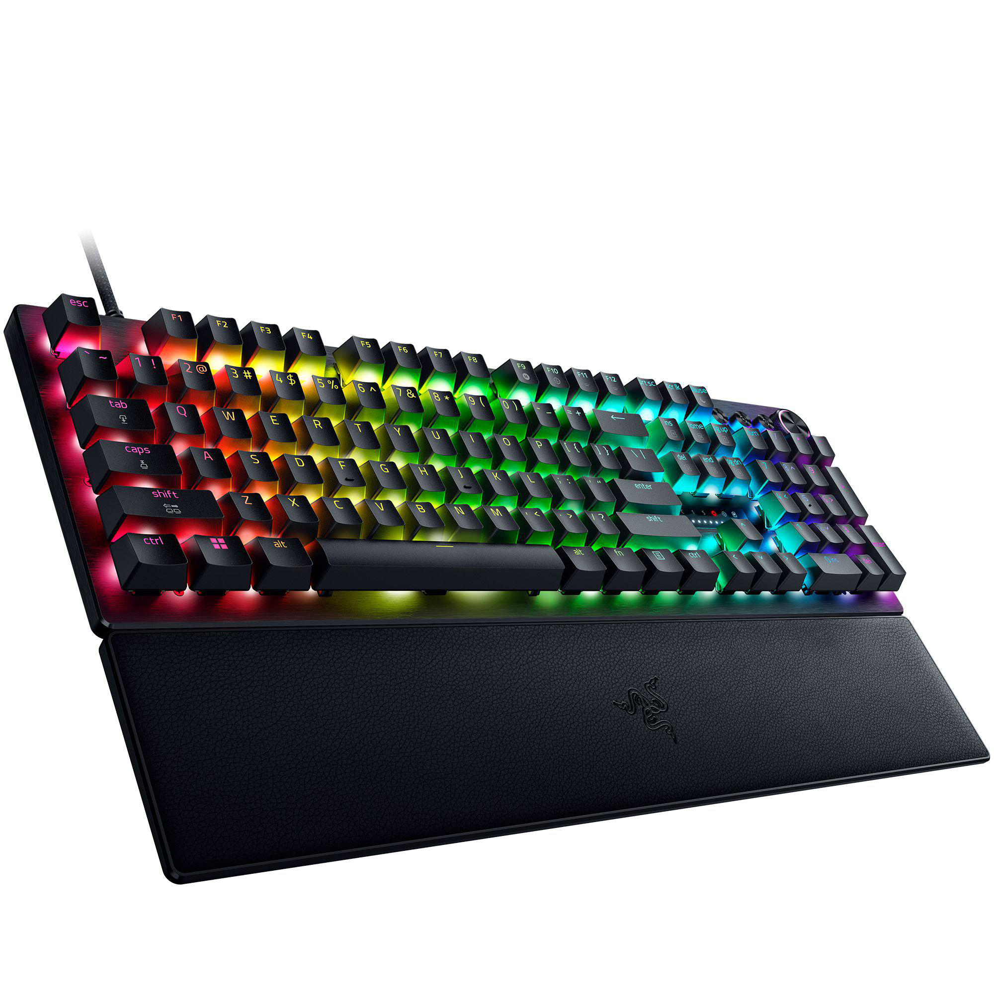 Ein schwarzes Gaming-Keyboard mit RGB-Beleuchtung und einer abnehmbaren Handballenauflage.